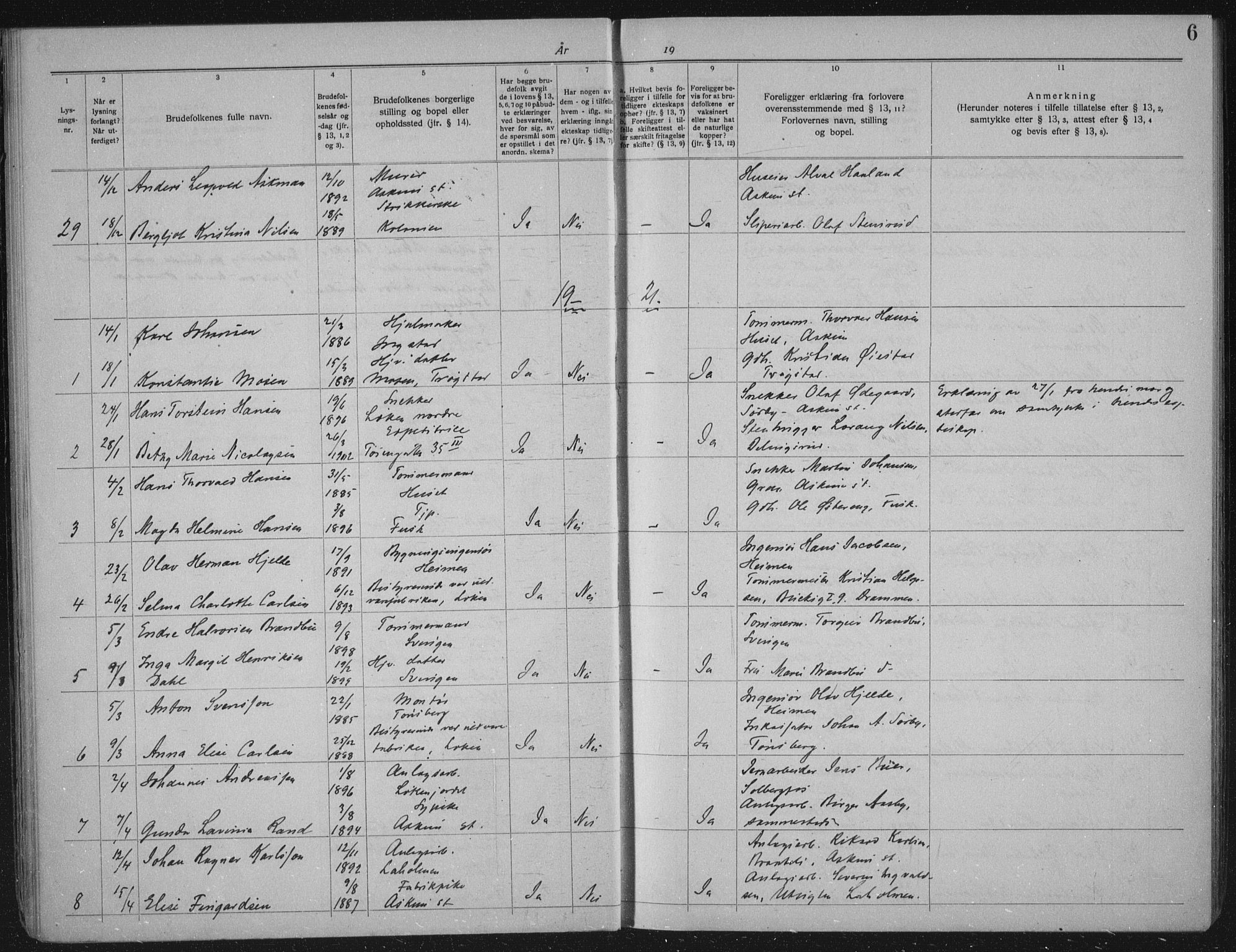 Askim prestekontor Kirkebøker, AV/SAO-A-10900/H/Ha/L0001: Banns register no. 1, 1919-1941, p. 6