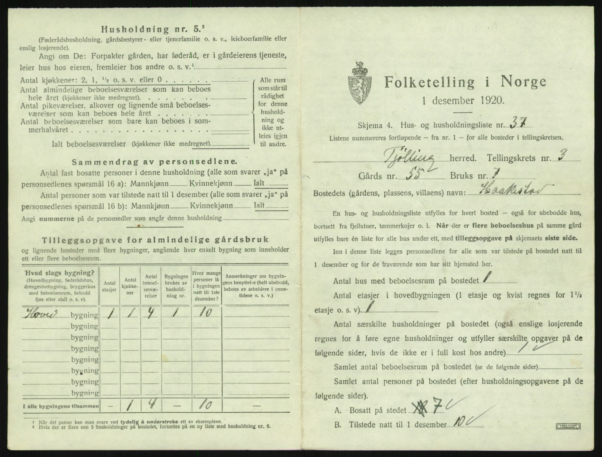 SAKO, 1920 census for Tjølling, 1920, p. 1039