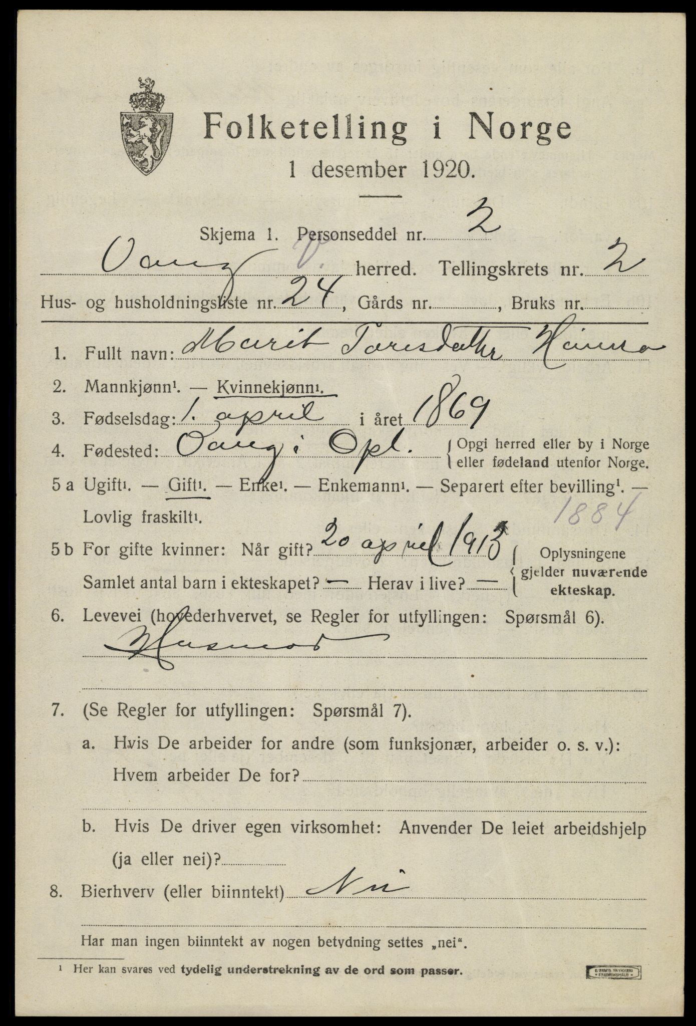 SAH, 1920 census for Vang (Oppland), 1920, p. 1347