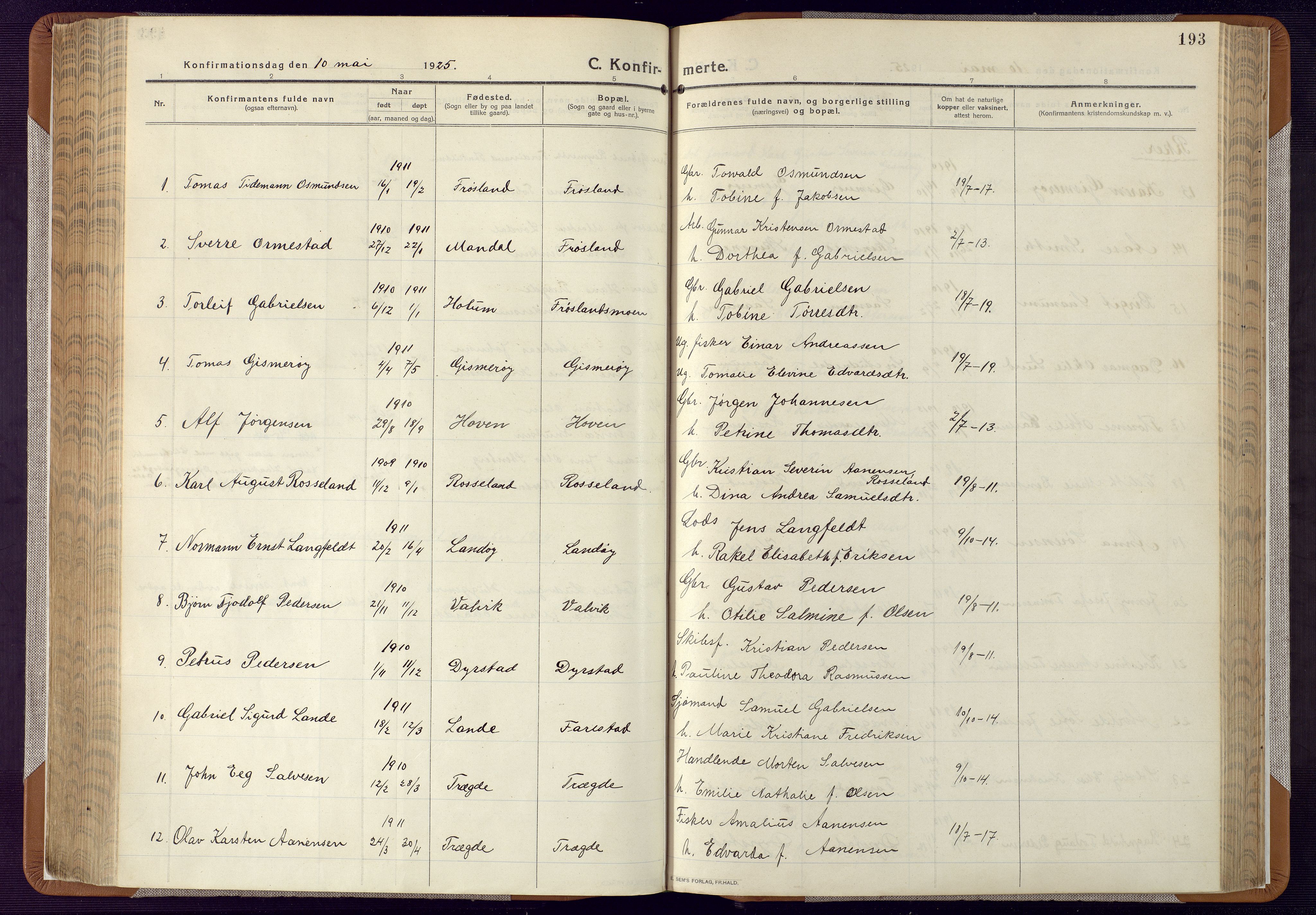 Mandal sokneprestkontor, SAK/1111-0030/F/Fa/Faa/L0022: Parish register (official) no. A 22, 1913-1925, p. 193