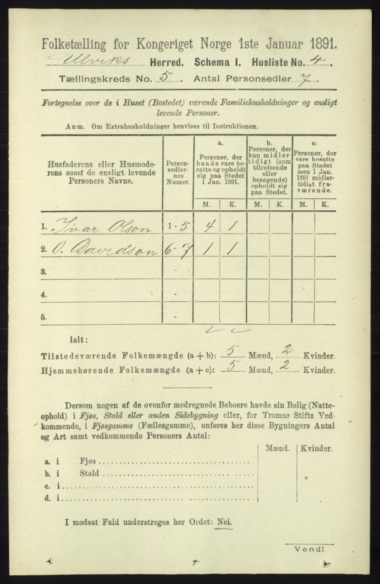 RA, 1891 census for 1233 Ulvik, 1891, p. 1326