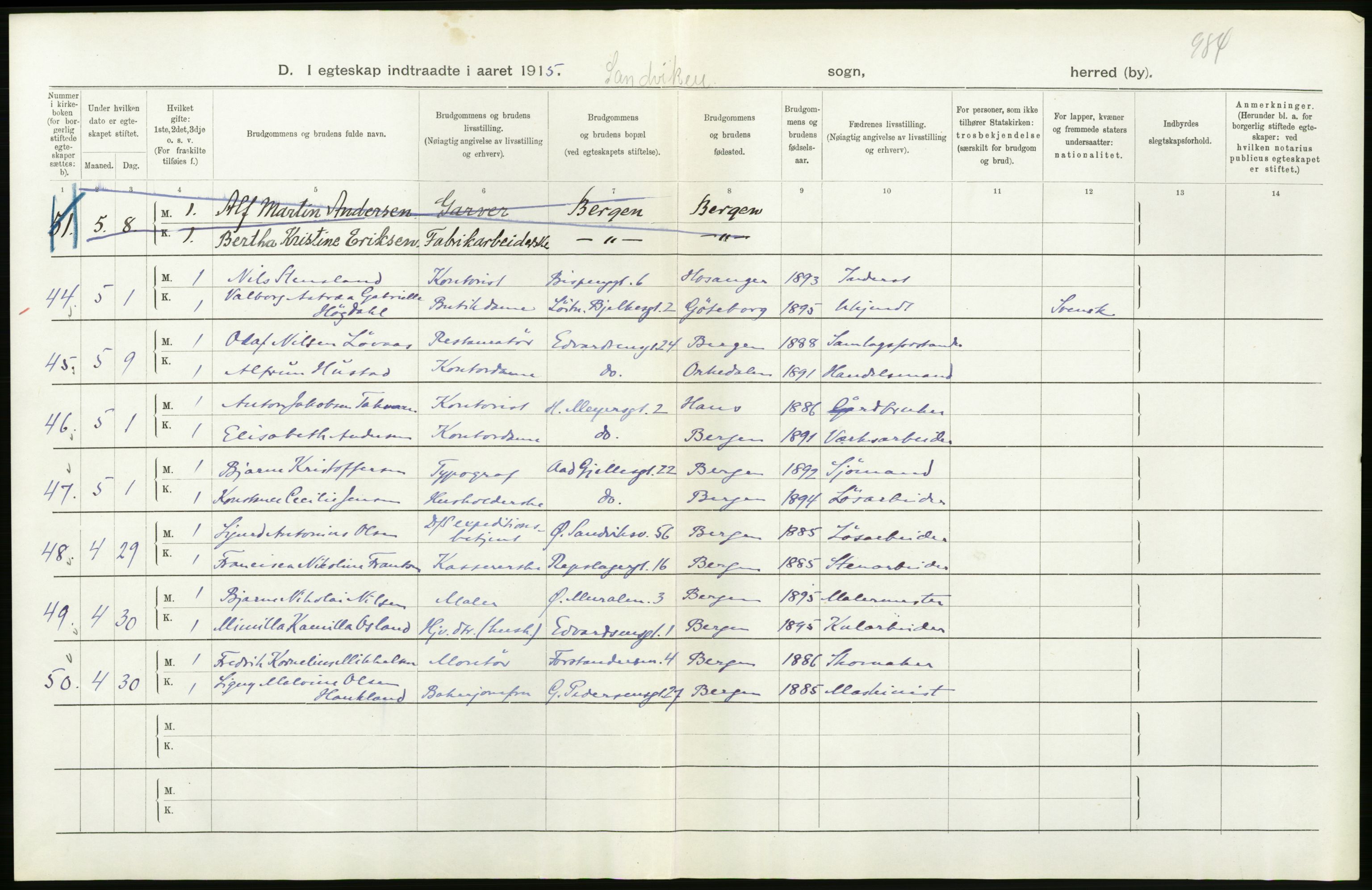 Statistisk sentralbyrå, Sosiodemografiske emner, Befolkning, AV/RA-S-2228/D/Df/Dfb/Dfbe/L0034: Bergen: Gifte, døde, dødfødte., 1915, p. 32