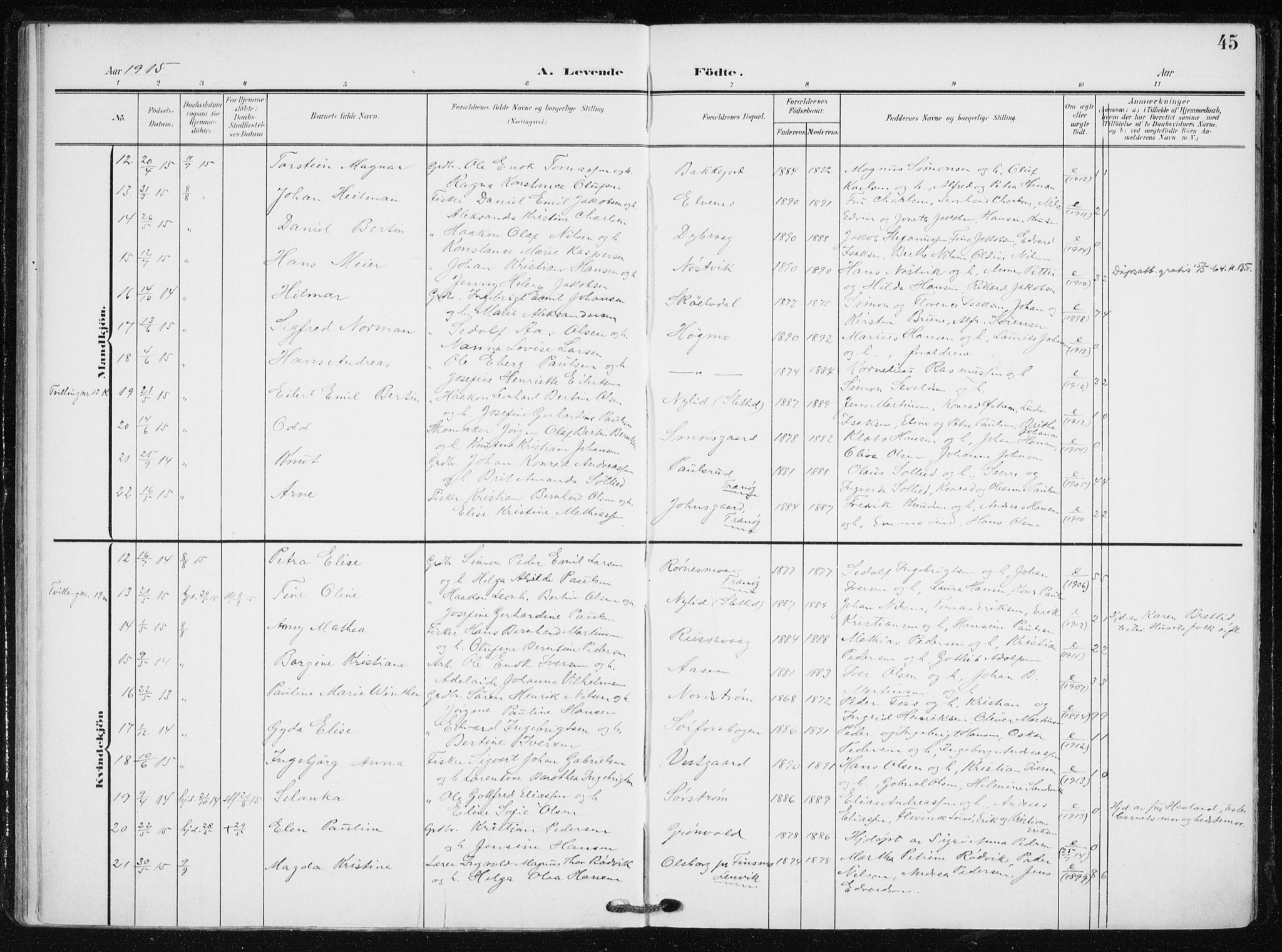 Tranøy sokneprestkontor, SATØ/S-1313/I/Ia/Iaa/L0012kirke: Parish register (official) no. 12, 1905-1918, p. 45