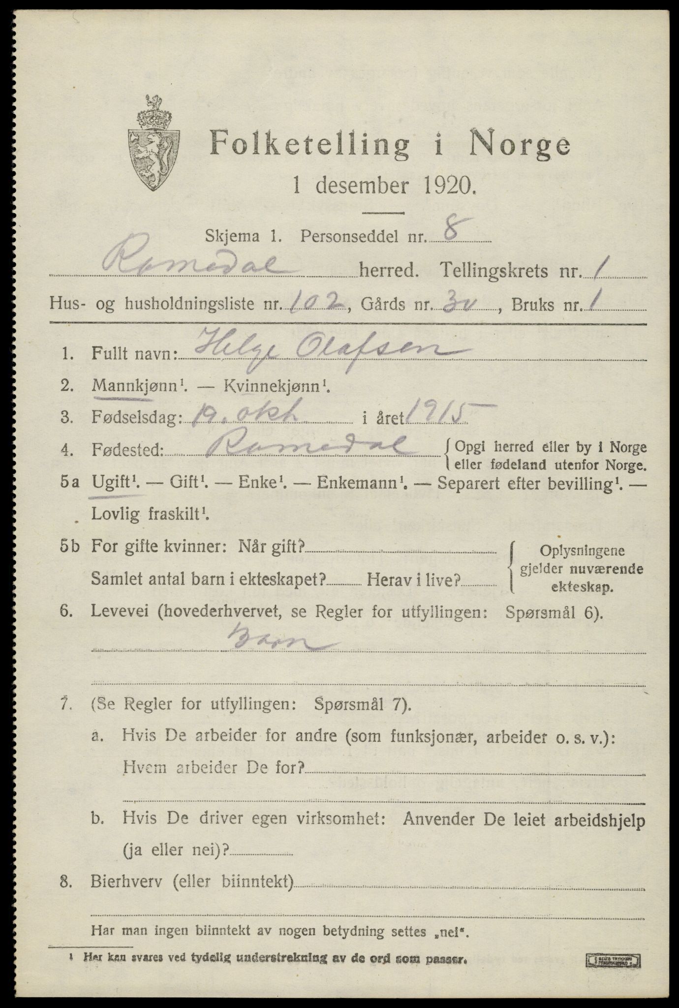 SAH, 1920 census for Romedal, 1920, p. 3139