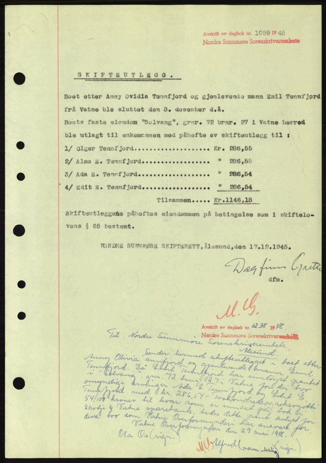 Nordre Sunnmøre sorenskriveri, SAT/A-0006/1/2/2C/2Ca: Mortgage book no. B6-14 a, 1942-1945, Diary no: : 1099/1945