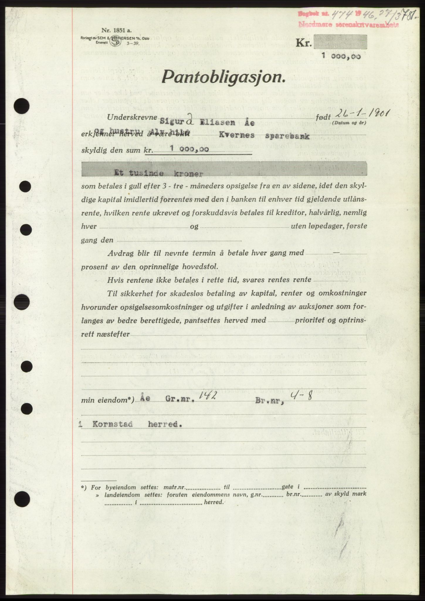 Nordmøre sorenskriveri, AV/SAT-A-4132/1/2/2Ca: Mortgage book no. B93b, 1946-1946, Diary no: : 474/1946