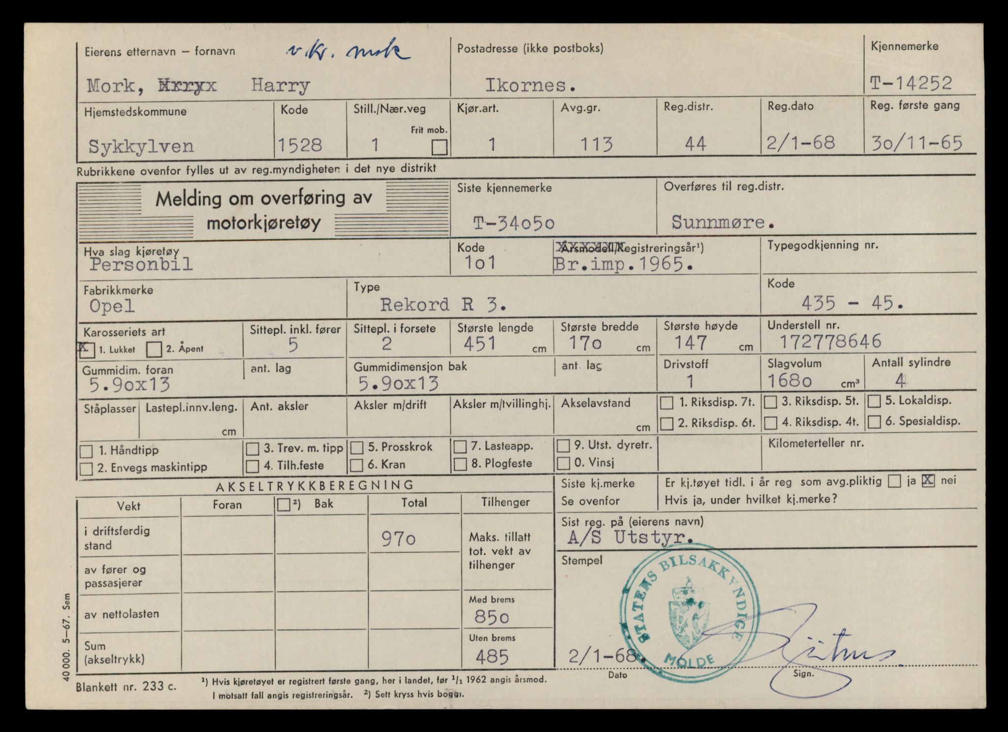 Møre og Romsdal vegkontor - Ålesund trafikkstasjon, AV/SAT-A-4099/F/Fe/L0044: Registreringskort for kjøretøy T 14205 - T 14319, 1927-1998, p. 1440