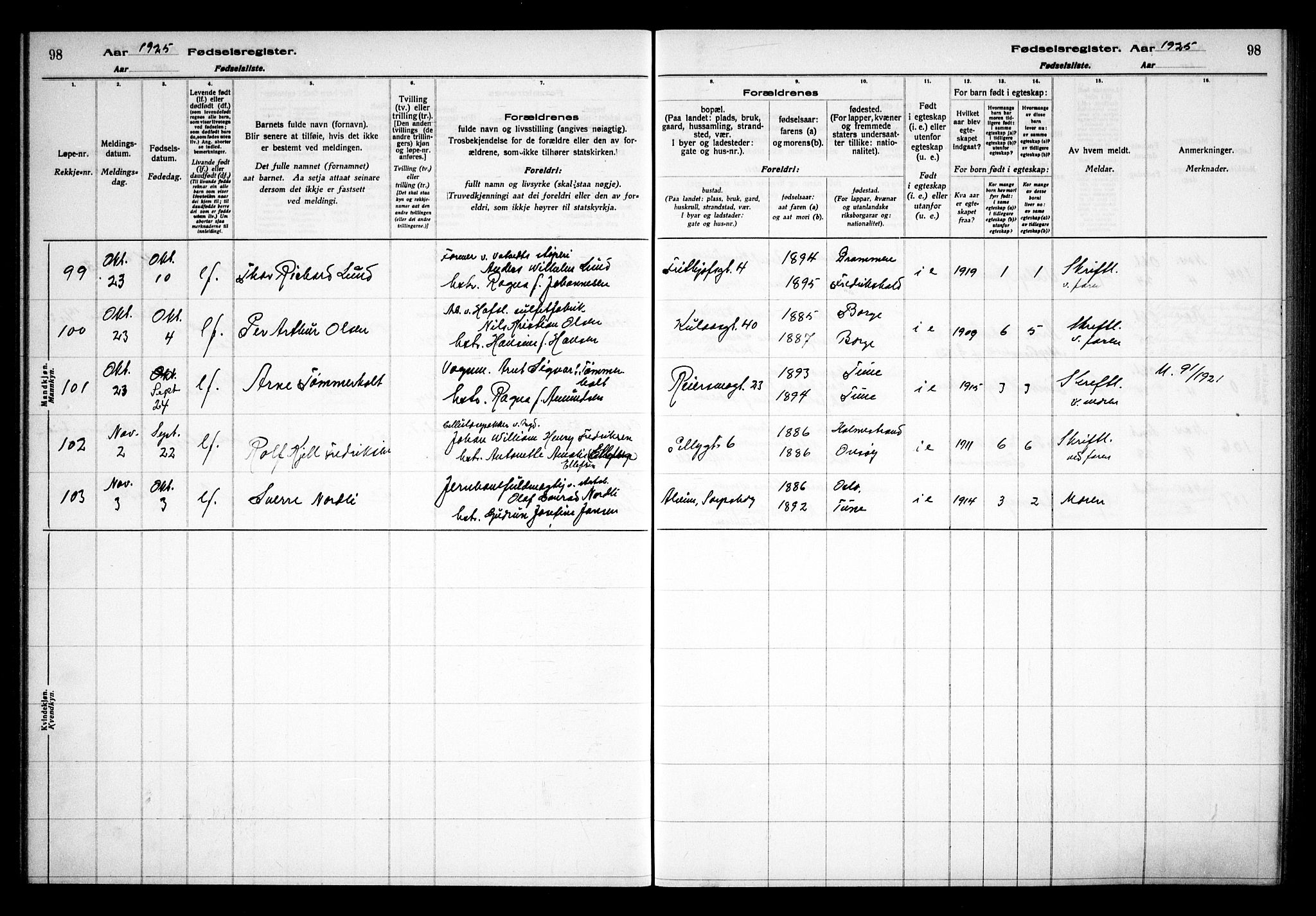 Sarpsborg prestekontor Kirkebøker, AV/SAO-A-2006/J/Ja/L0002: Birth register no. 2, 1922-1928, p. 98