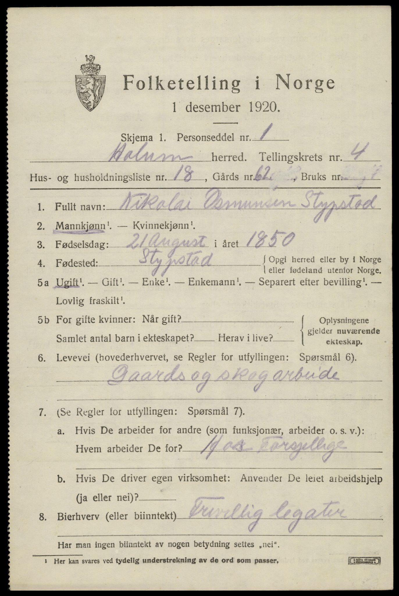 SAK, 1920 census for Holum, 1920, p. 2109