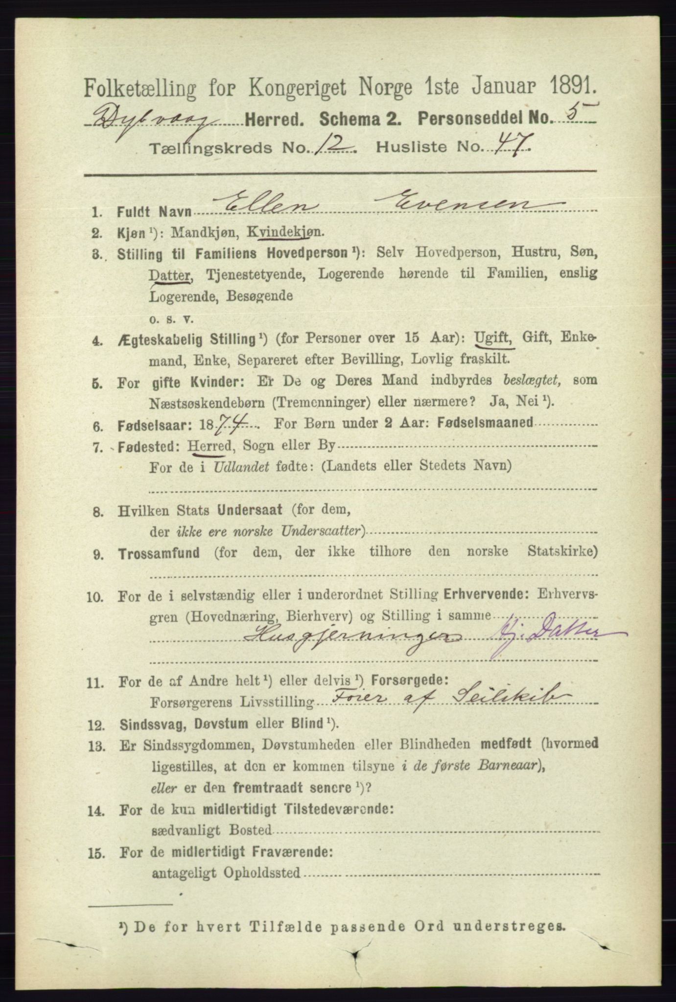 RA, 1891 census for 0915 Dypvåg, 1891, p. 5016