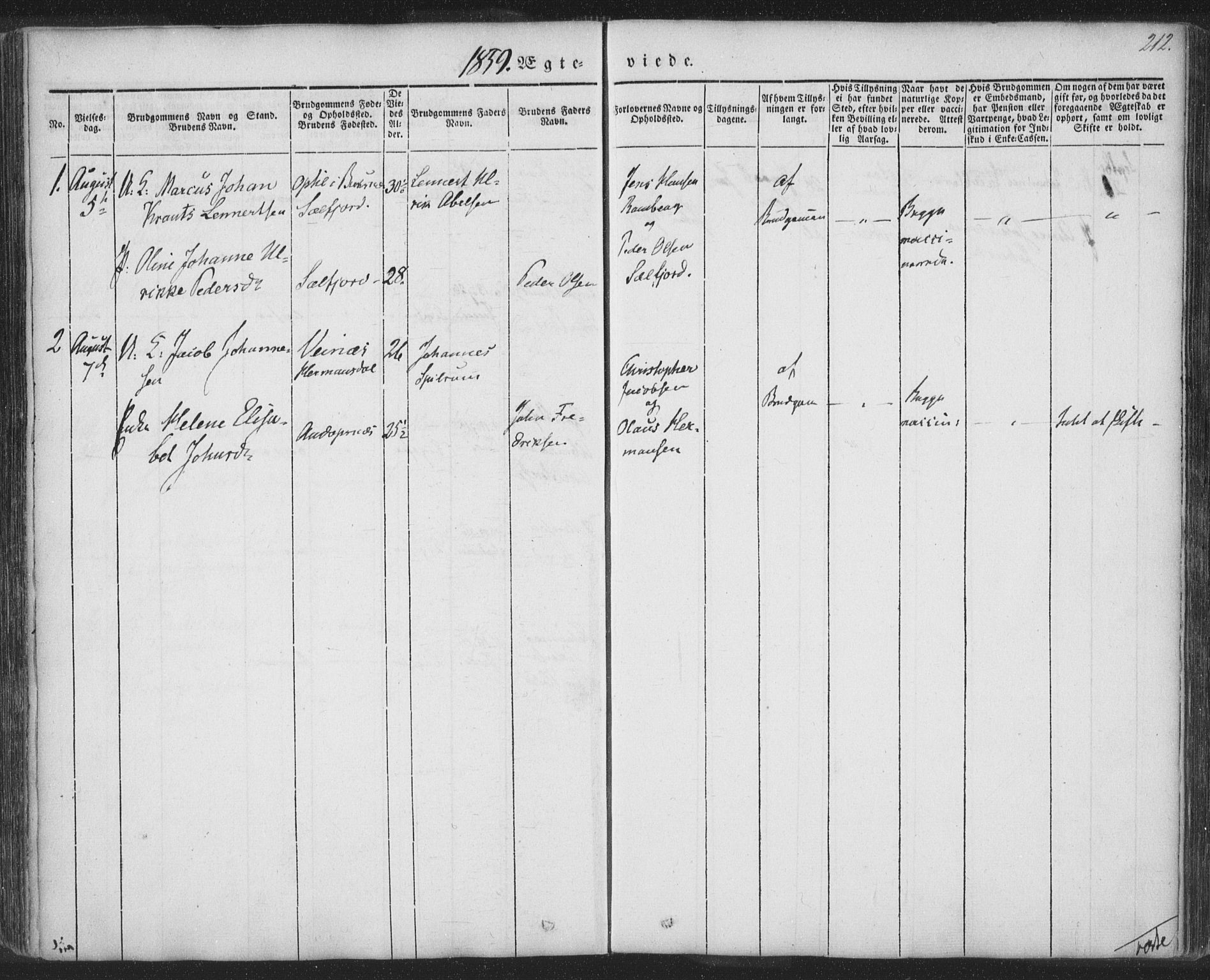 Ministerialprotokoller, klokkerbøker og fødselsregistre - Nordland, AV/SAT-A-1459/885/L1202: Parish register (official) no. 885A03, 1838-1859, p. 212