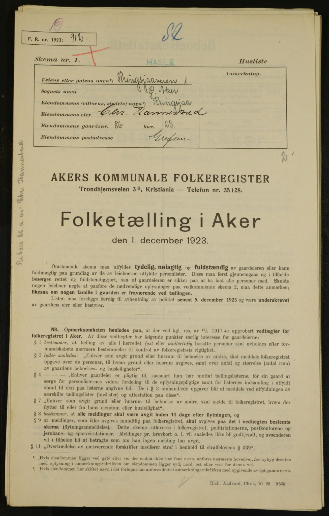 , Municipal Census 1923 for Aker, 1923, p. 28414