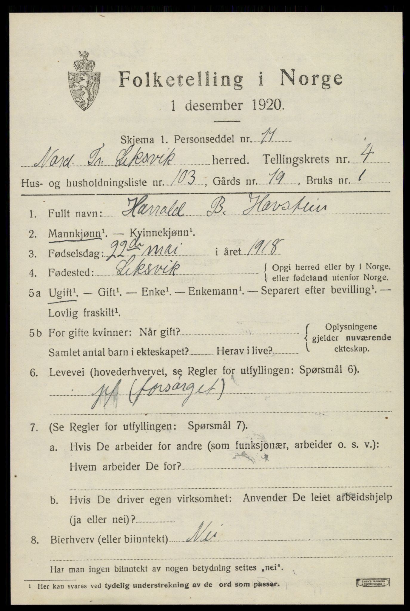 SAT, 1920 census for Leksvik, 1920, p. 4780