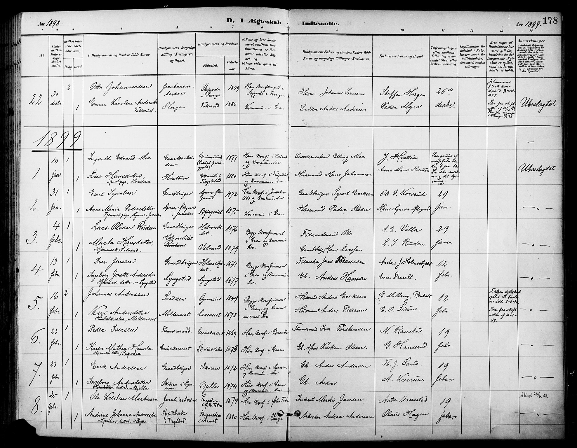 Gran prestekontor, SAH/PREST-112/H/Ha/Haa/L0019: Parish register (official) no. 19, 1898-1907, p. 178