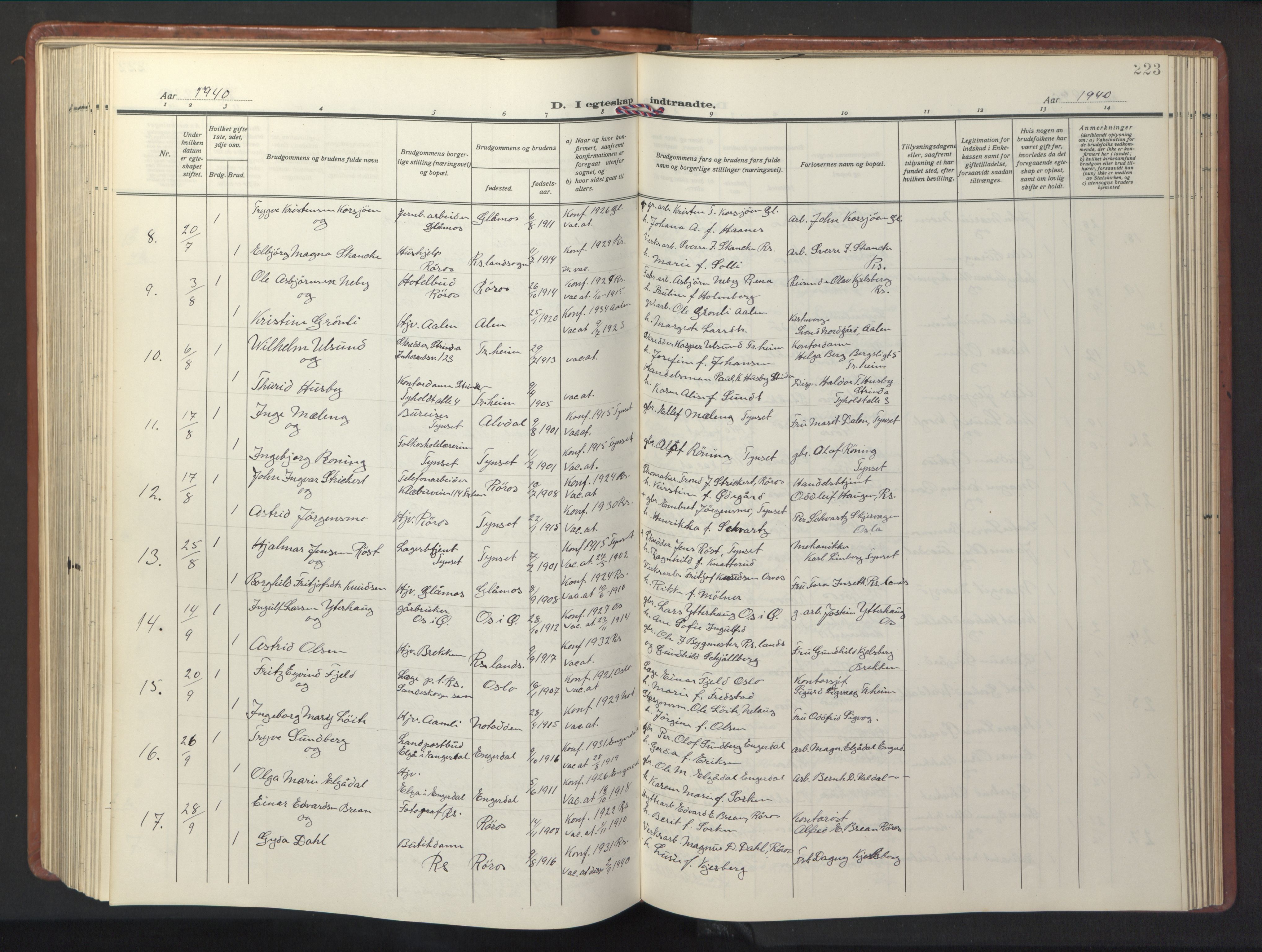 Ministerialprotokoller, klokkerbøker og fødselsregistre - Sør-Trøndelag, SAT/A-1456/681/L0943: Parish register (copy) no. 681C07, 1926-1954, p. 223