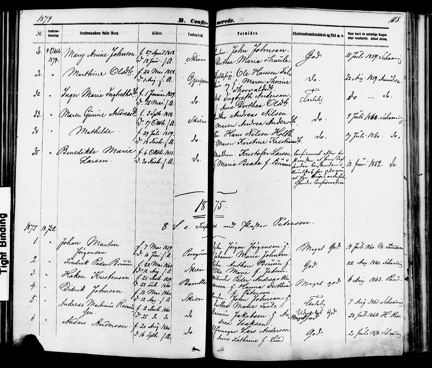 Skien kirkebøker, SAKO/A-302/F/Fa/L0008: Parish register (official) no. 8, 1866-1877, p. 168