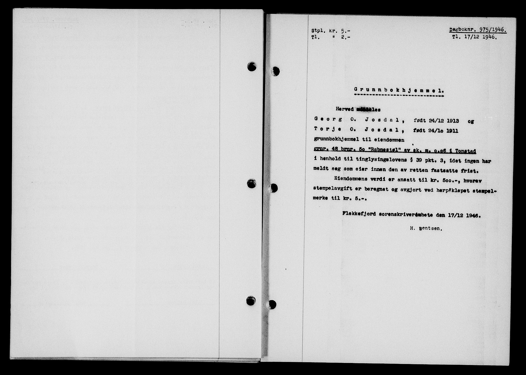 Flekkefjord sorenskriveri, AV/SAK-1221-0001/G/Gb/Gba/L0061: Mortgage book no. A-9, 1946-1947, Diary no: : 975/1946