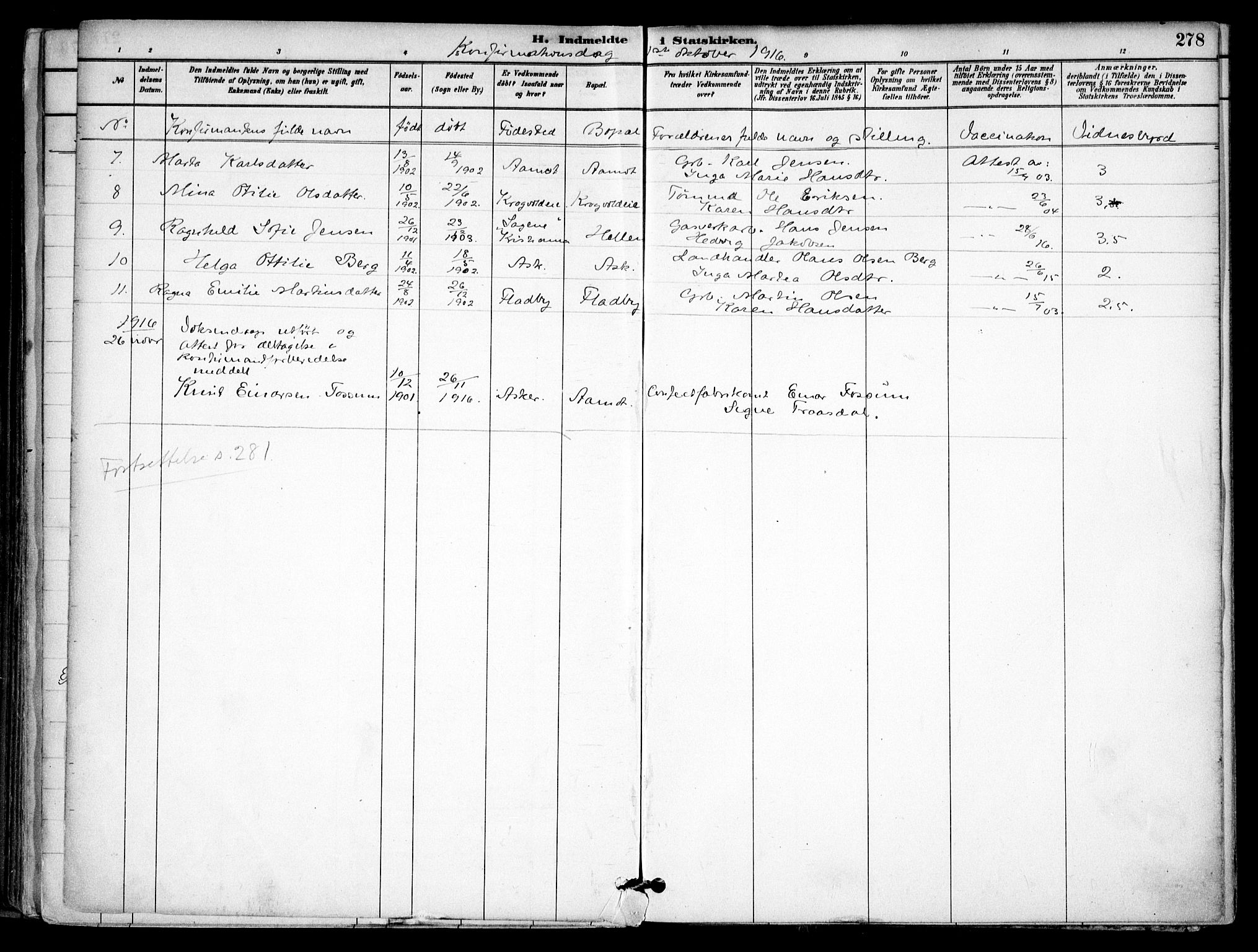 Gjerdrum prestekontor Kirkebøker, SAO/A-10412b/F/Fb/L0001: Parish register (official) no. II 1, 1881-1921, p. 278