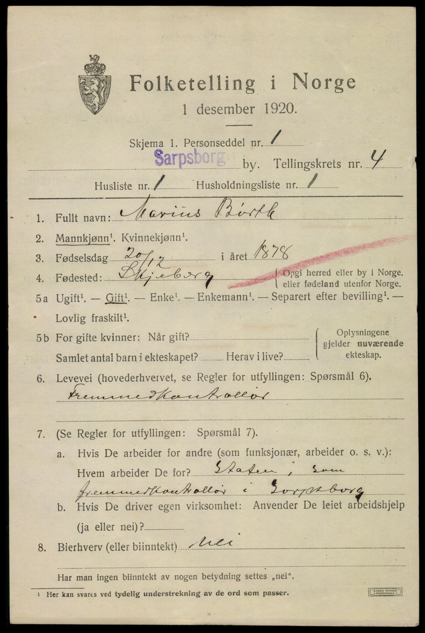 SAO, 1920 census for Sarpsborg, 1920, p. 11812