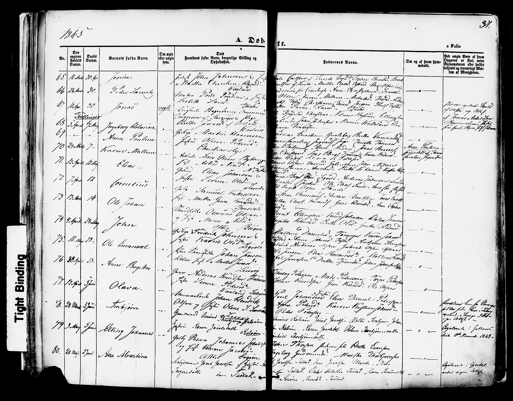 Hetland sokneprestkontor, AV/SAST-A-101826/30/30BA/L0003: Parish register (official) no. A 3, 1862-1876, p. 37