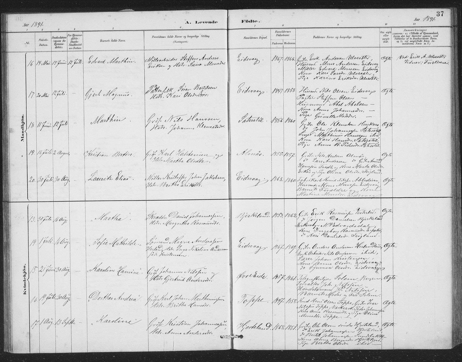 Åsane sokneprestembete, SAB/A-79401/H/Hab: Parish register (copy) no. A 2, 1885-1898, p. 37