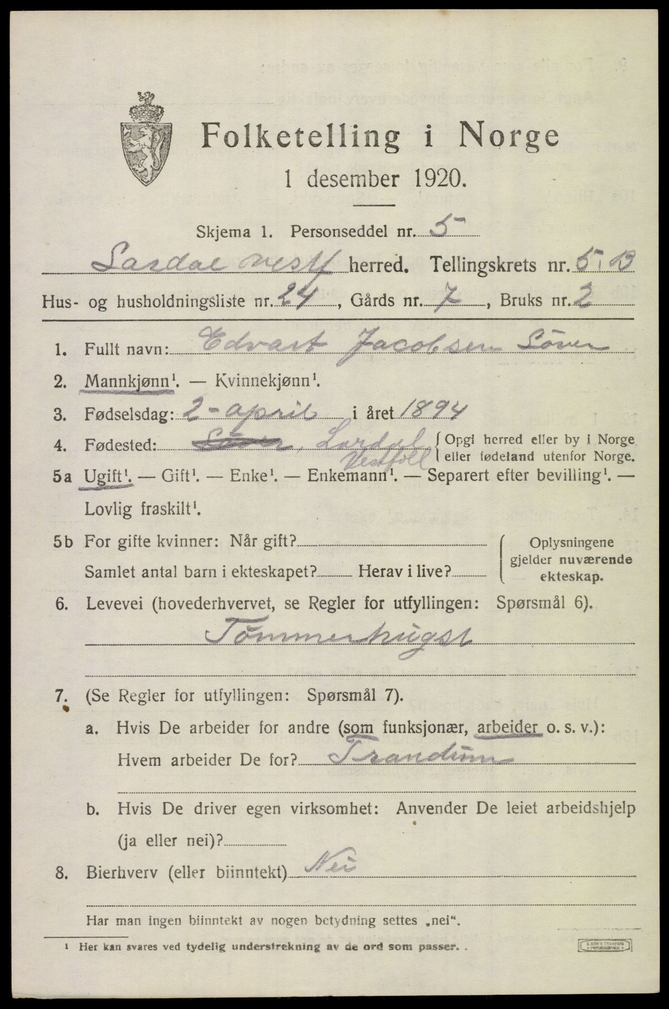 SAKO, 1920 census for Lardal, 1920, p. 5545
