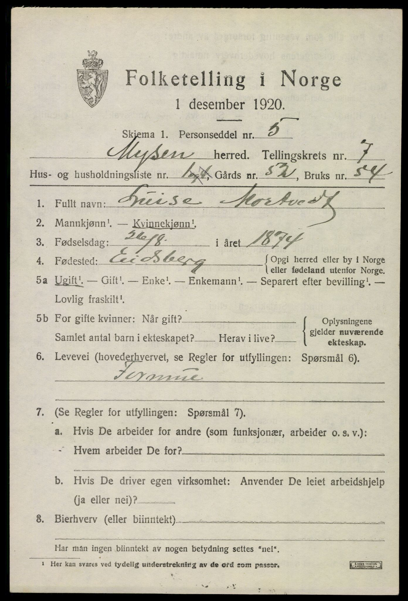 SAO, 1920 census for Mysen, 1920, p. 3261