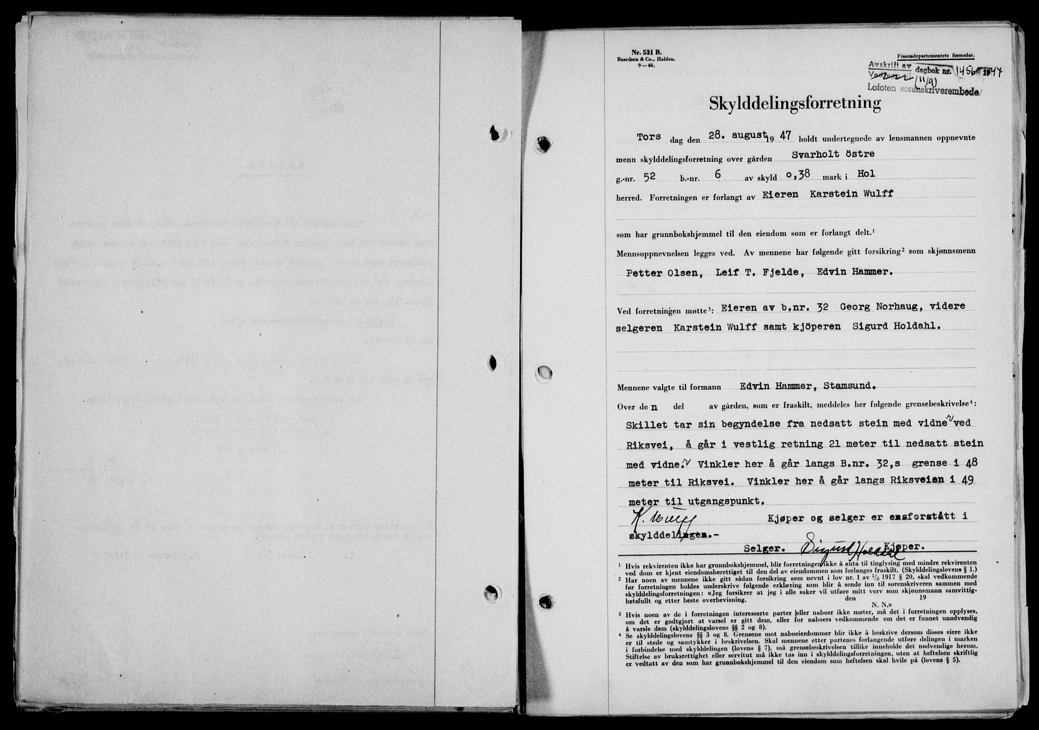 Lofoten sorenskriveri, SAT/A-0017/1/2/2C/L0016a: Mortgage book no. 16a, 1947-1947, Diary no: : 1456/1947
