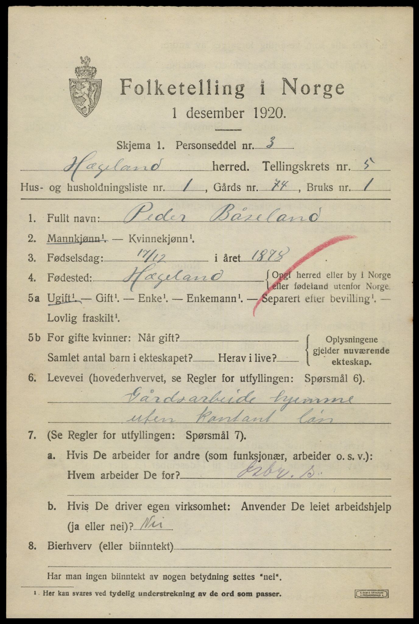 SAK, 1920 census for Hægeland, 1920, p. 1975