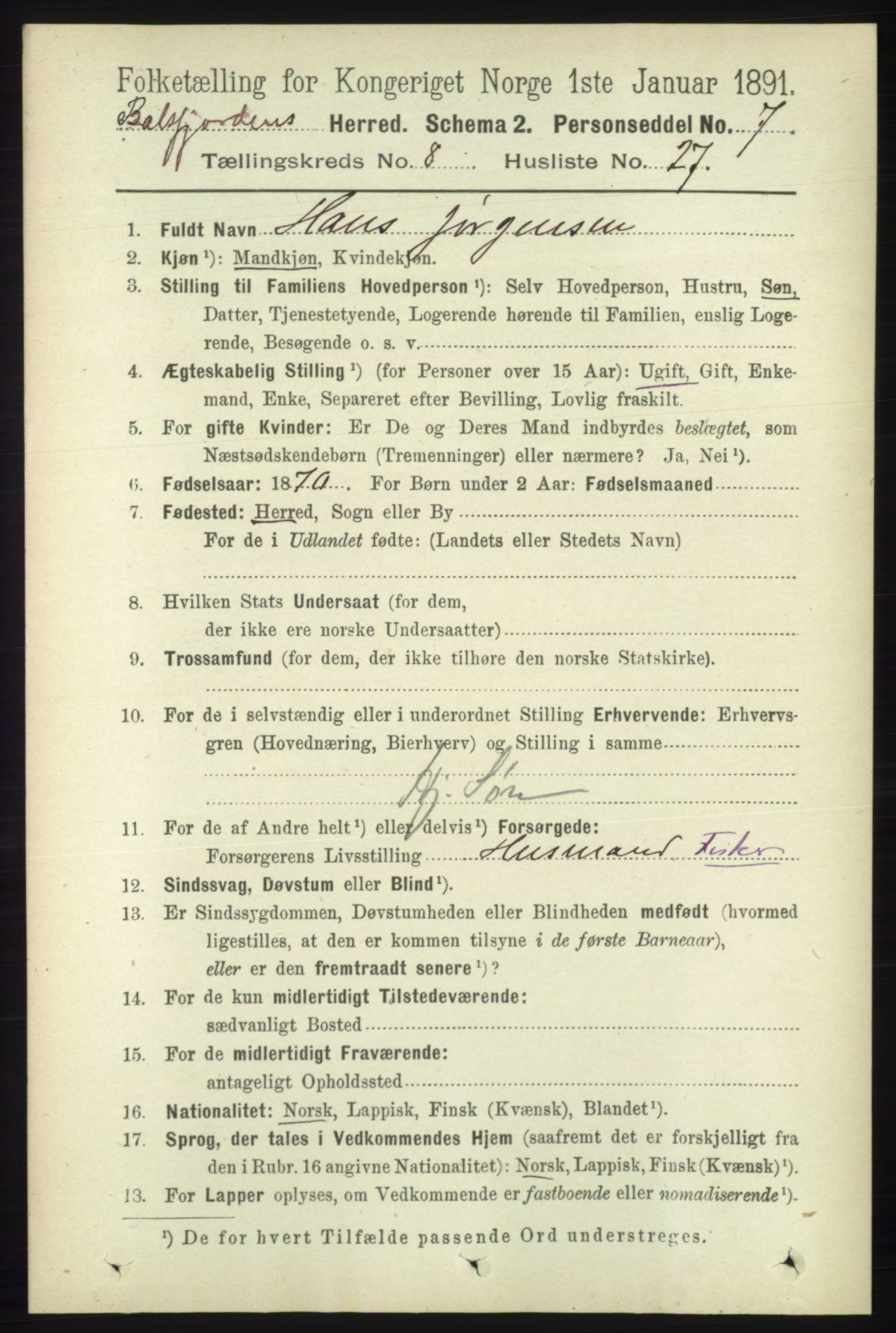 RA, 1891 census for 1933 Balsfjord, 1891, p. 2636
