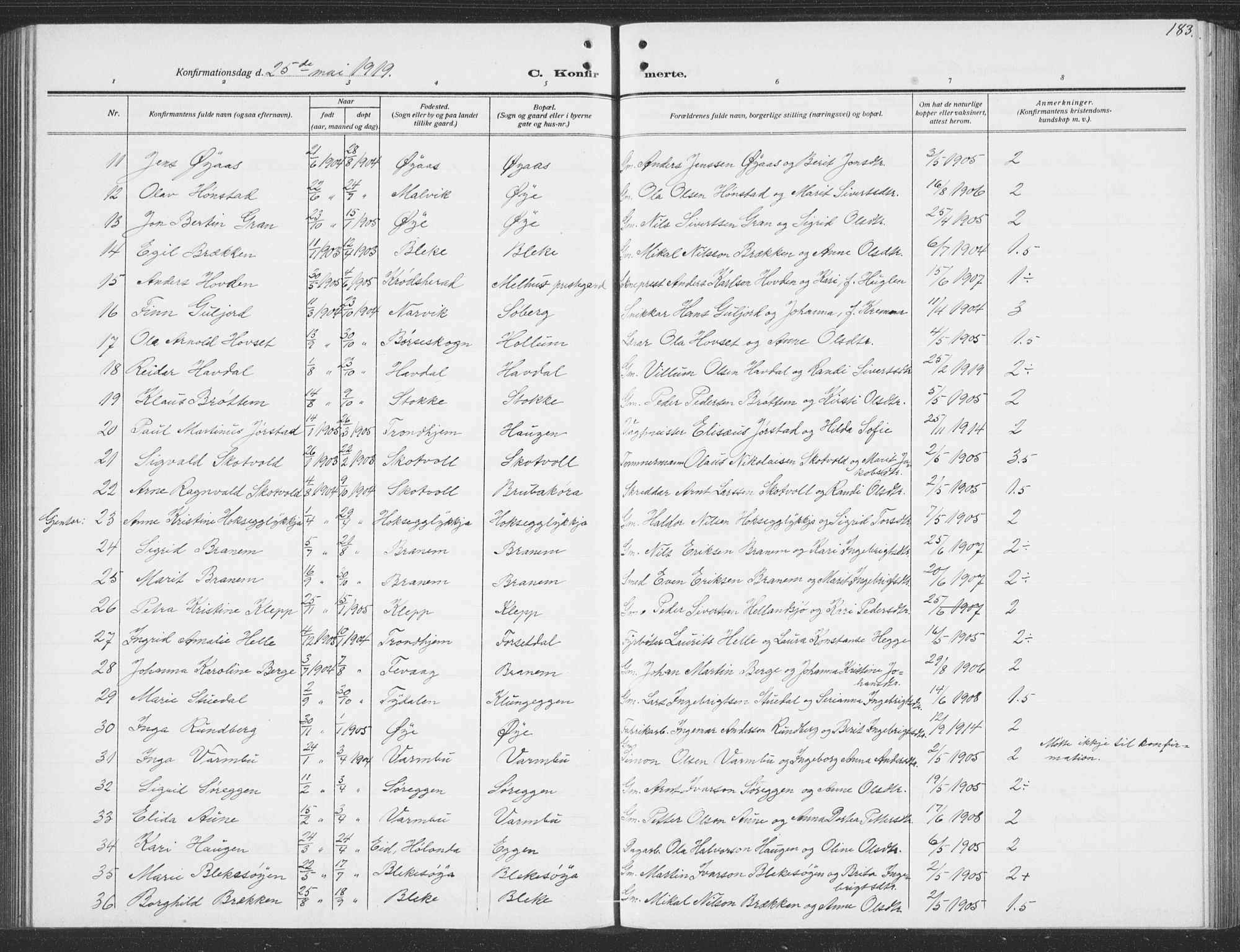 Ministerialprotokoller, klokkerbøker og fødselsregistre - Sør-Trøndelag, SAT/A-1456/691/L1095: Parish register (copy) no. 691C06, 1912-1933, p. 183