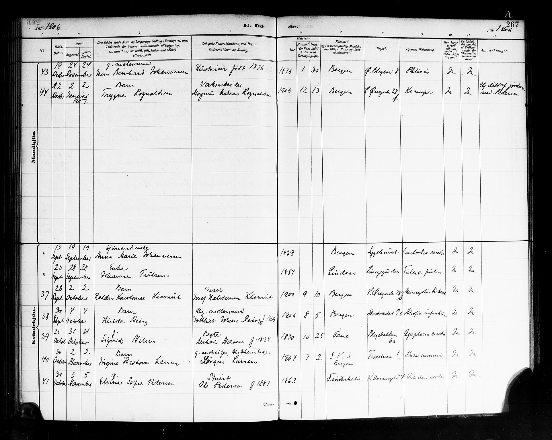 Korskirken sokneprestembete, AV/SAB-A-76101/H/Haa/L0047: Parish register (official) no. E 5, 1884-1910, p. 267