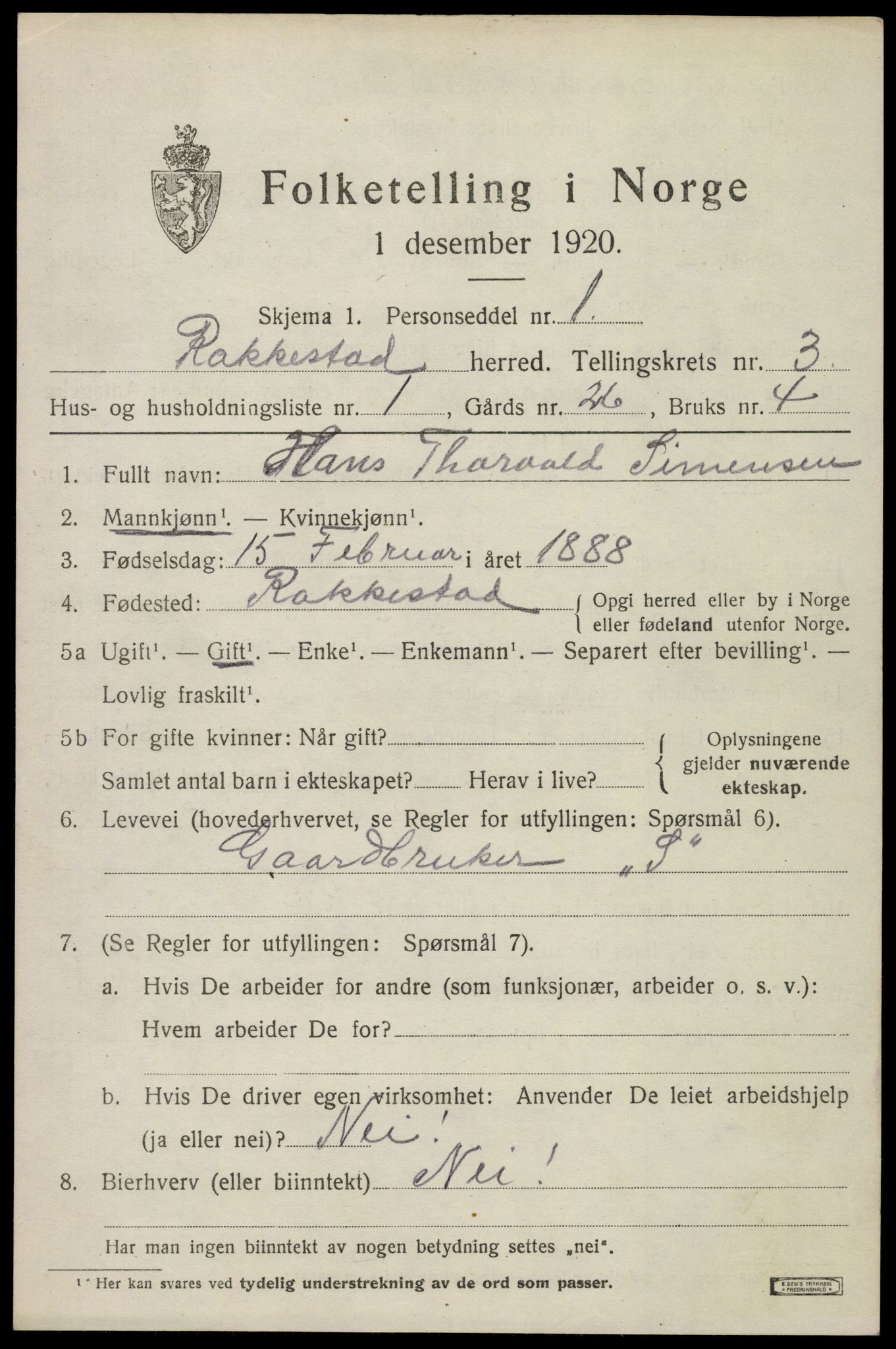 SAO, 1920 census for Rakkestad, 1920, p. 4425