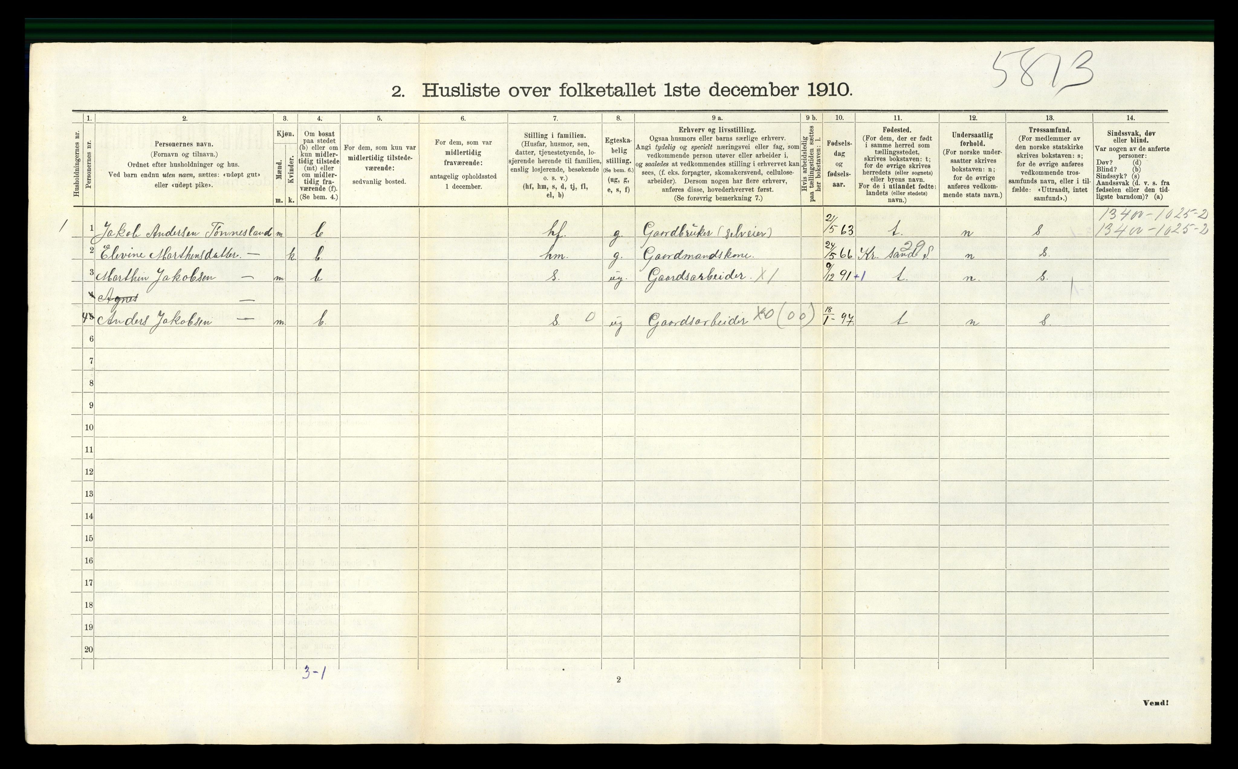 RA, 1910 census for Bjelland, 1910, p. 175