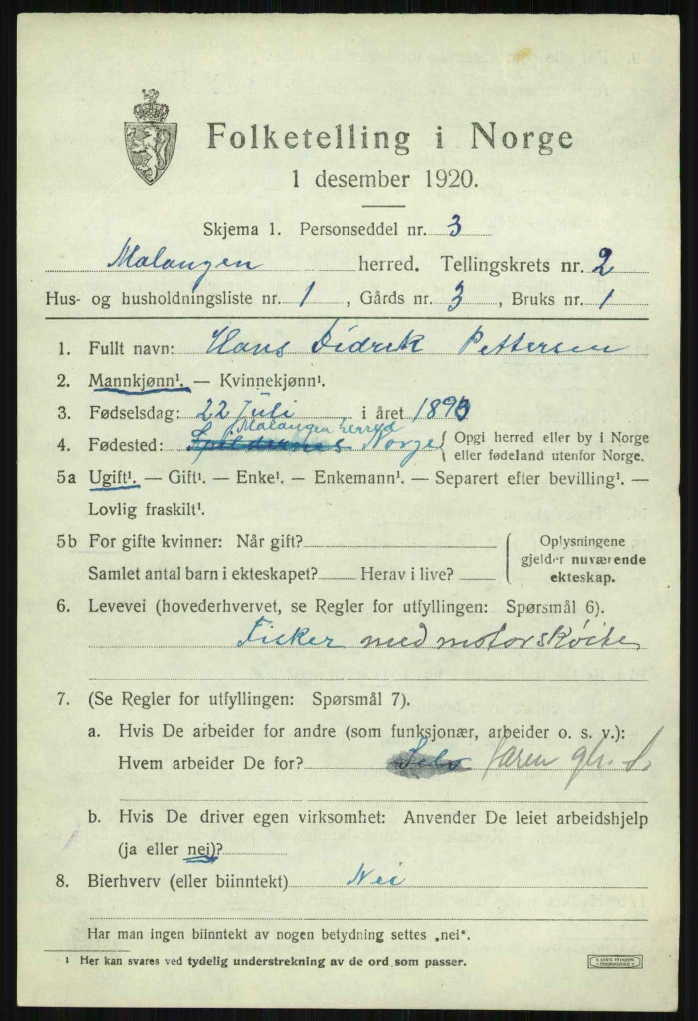 SATØ, 1920 census for Malangen, 1920, p. 817