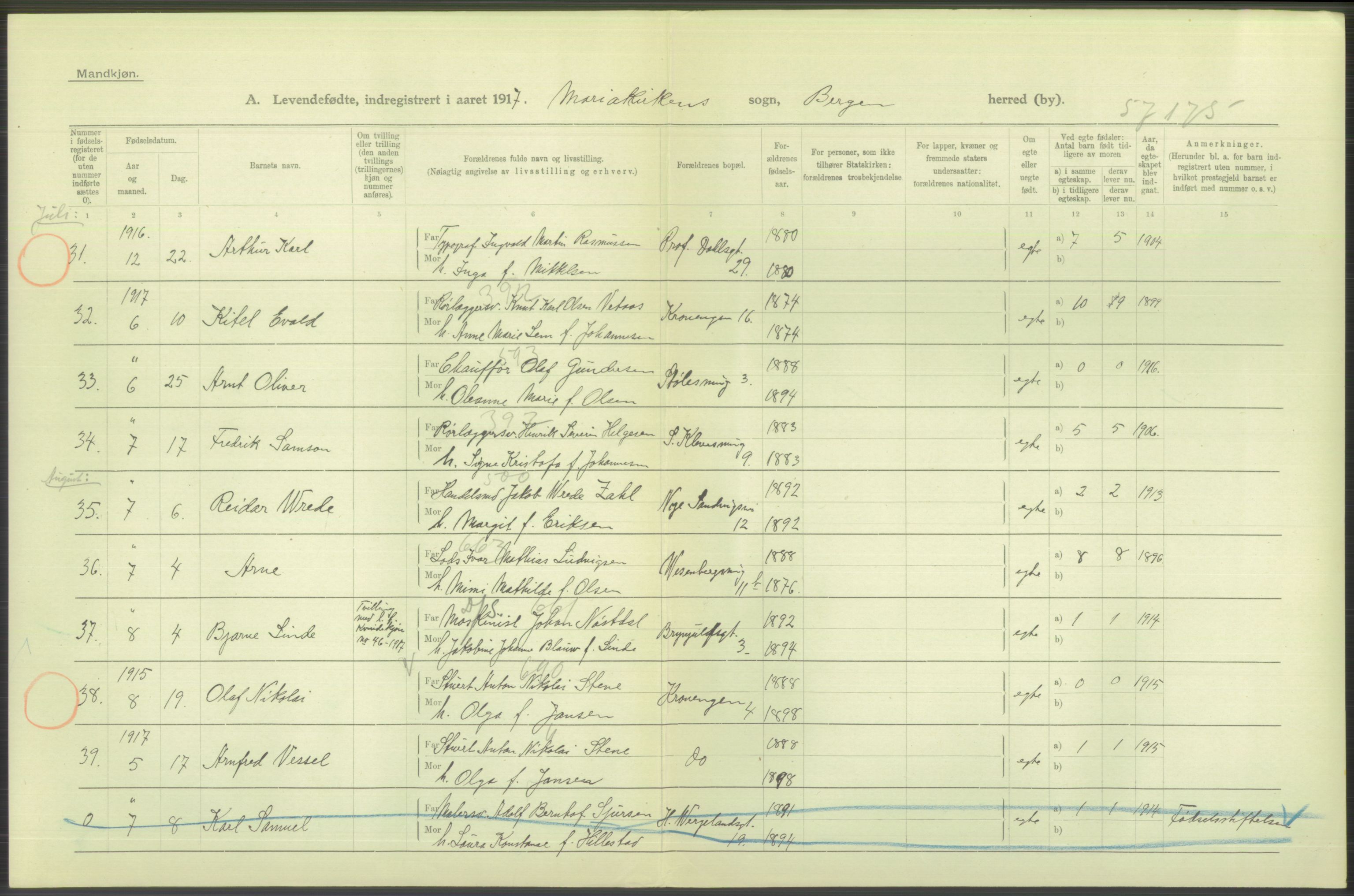 Statistisk sentralbyrå, Sosiodemografiske emner, Befolkning, AV/RA-S-2228/D/Df/Dfb/Dfbg/L0037: Bergen: Levendefødte menn og kvinner., 1917, p. 398