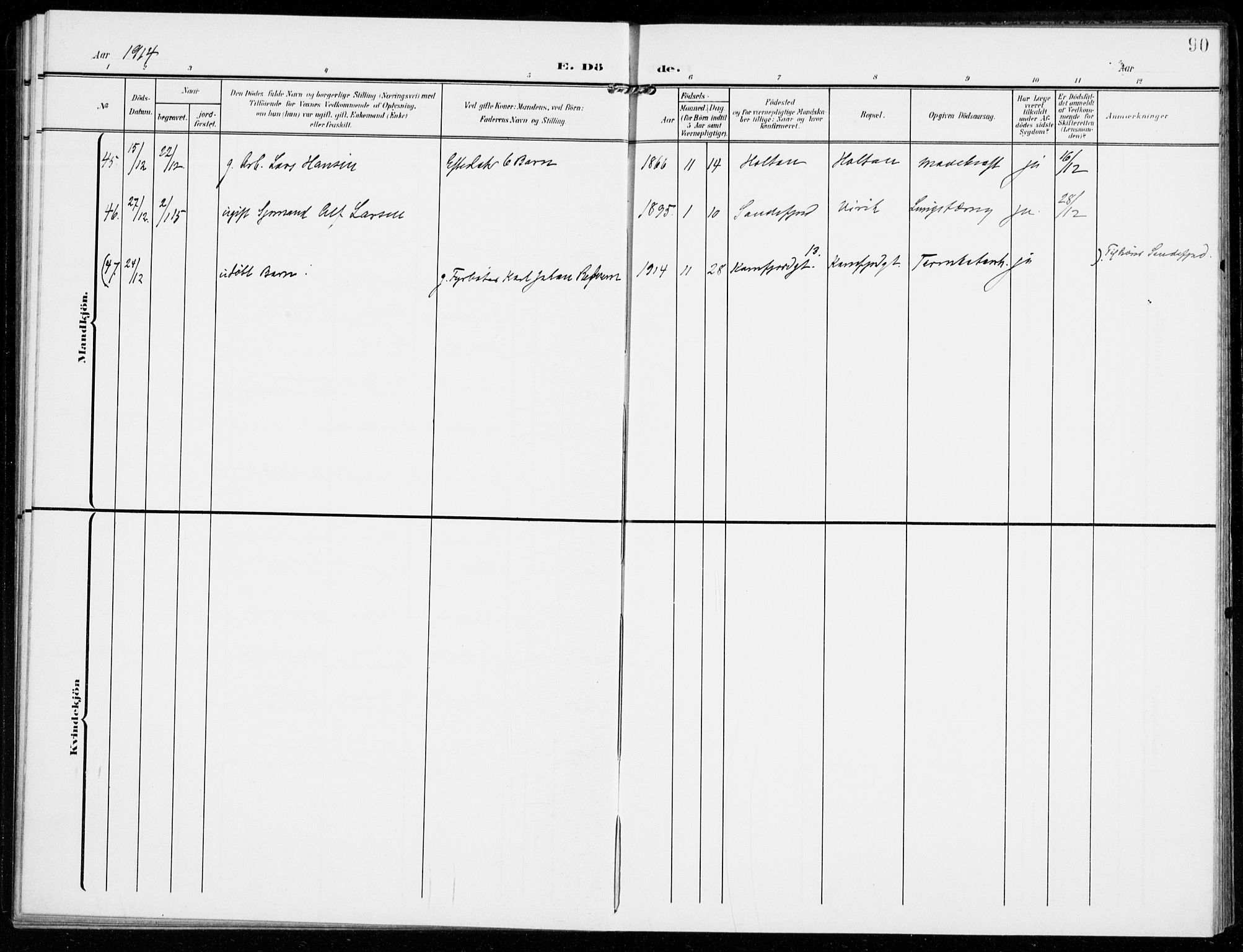 Sandar kirkebøker, AV/SAKO-A-243/F/Fa/L0019: Parish register (official) no. 19, 1908-1914, p. 90