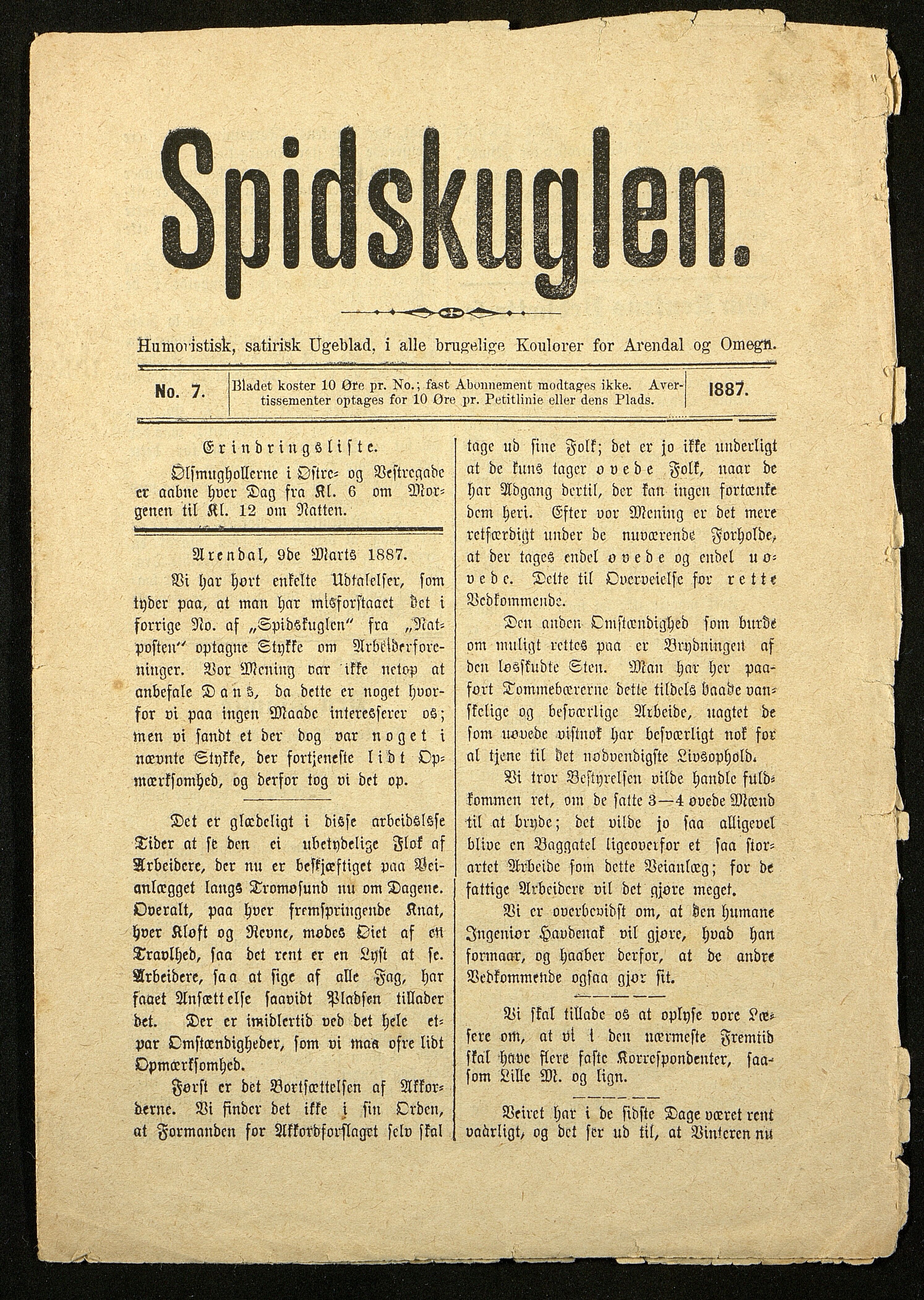 Spidskuglen, AAMA/PA-2823/X/L0001/0001: Spidskuglen / Årg. 1887, nr. 1–2, 4–23, 25–36, 1887