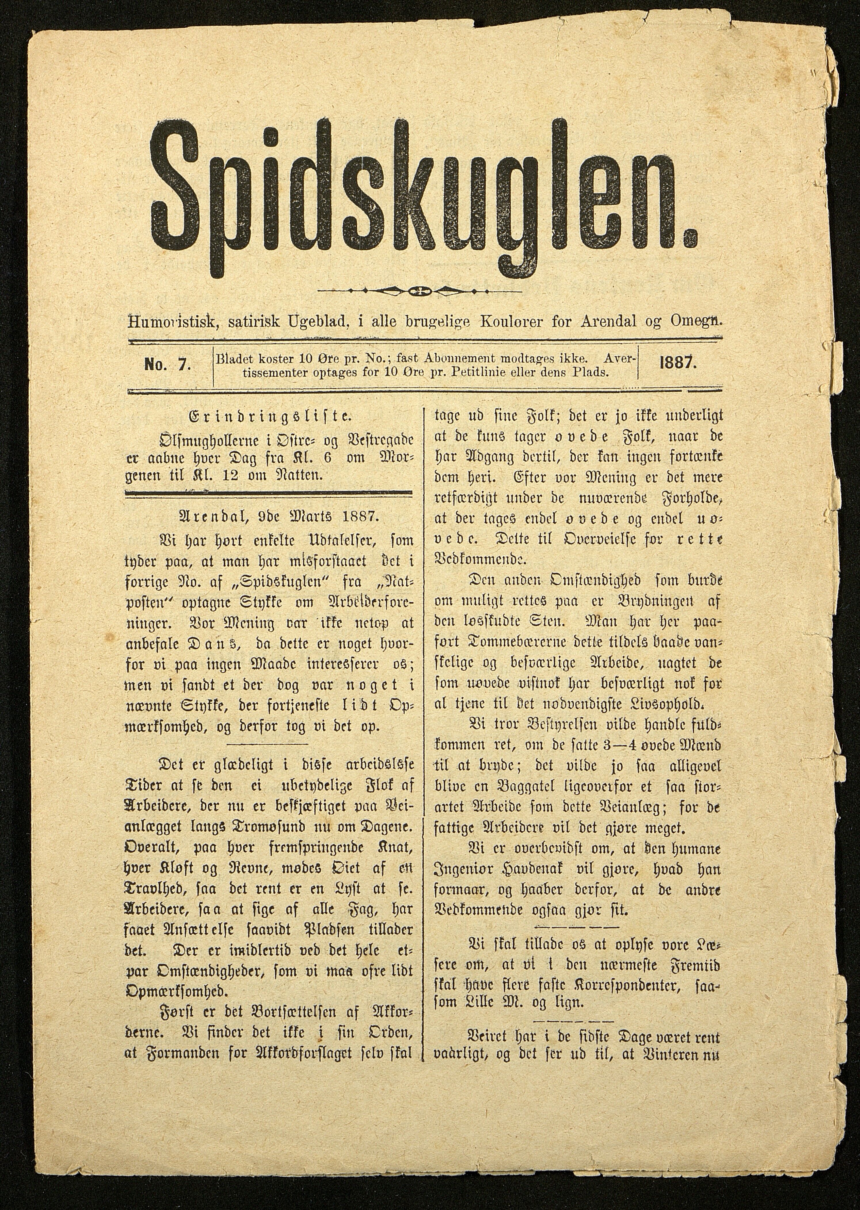 Spidskuglen, AAKS/PA-2823/X/L0001/0001: Spidskuglen / Årg. 1887, nr. 1–2, 4–23, 25–36, 1887