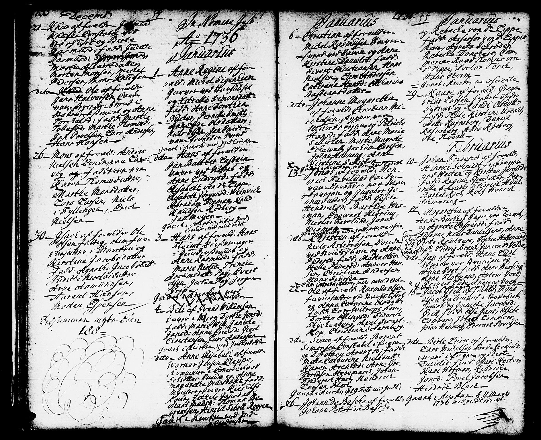 Domkirken sokneprestembete, AV/SAB-A-74801/H/Haa/L0002: Parish register (official) no. A 2, 1733-1750, p. 54-55