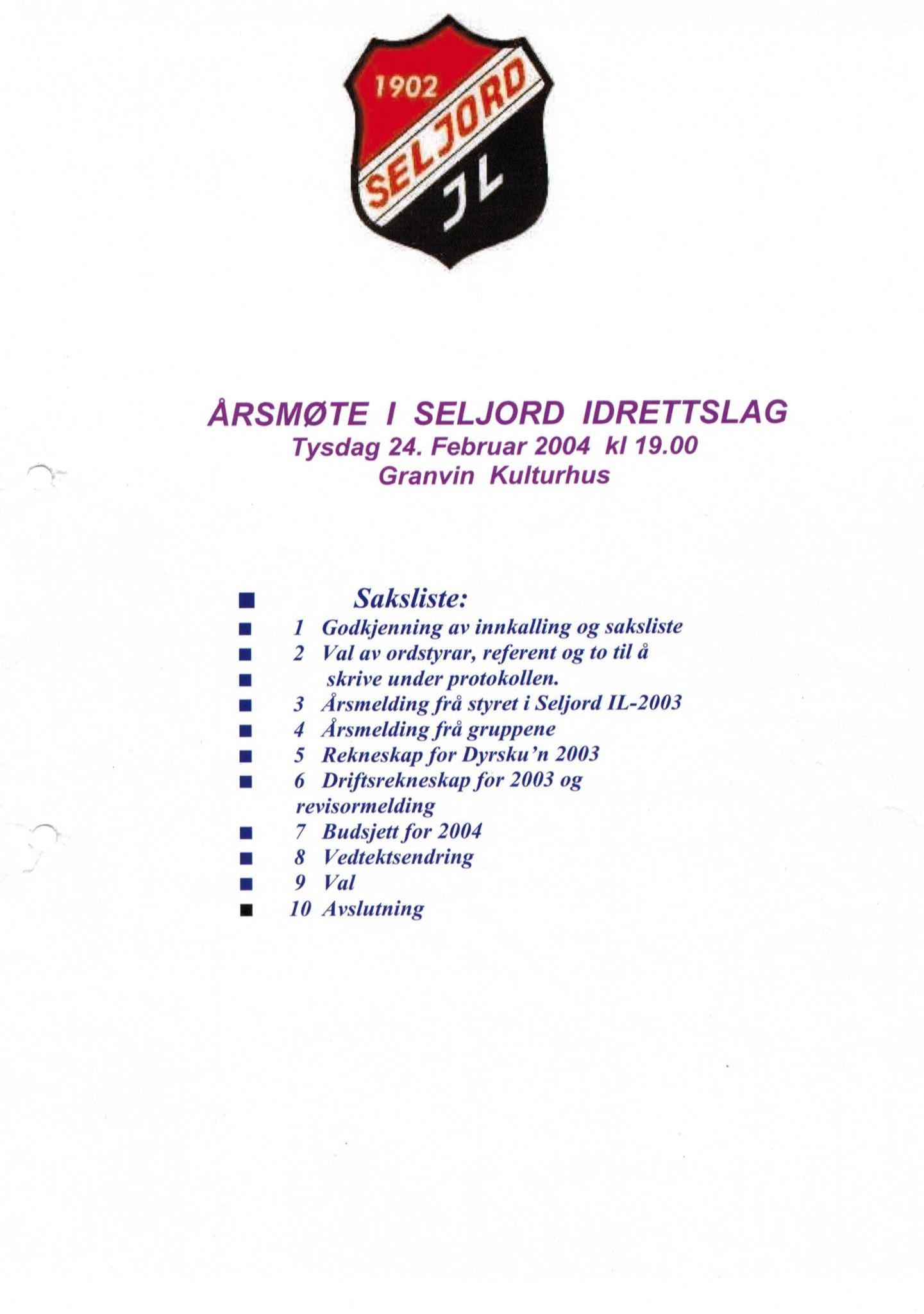 Seljord Idrettslag, VTM/A-1034/A/Ab/L0003: Årsmeldingar, 2003, p. 1