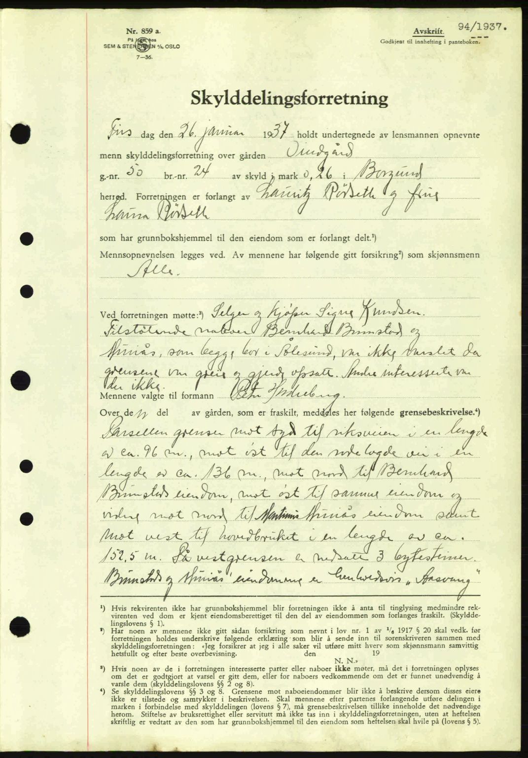 Nordre Sunnmøre sorenskriveri, AV/SAT-A-0006/1/2/2C/2Ca: Mortgage book no. A2, 1936-1937, Diary no: : 94/1937