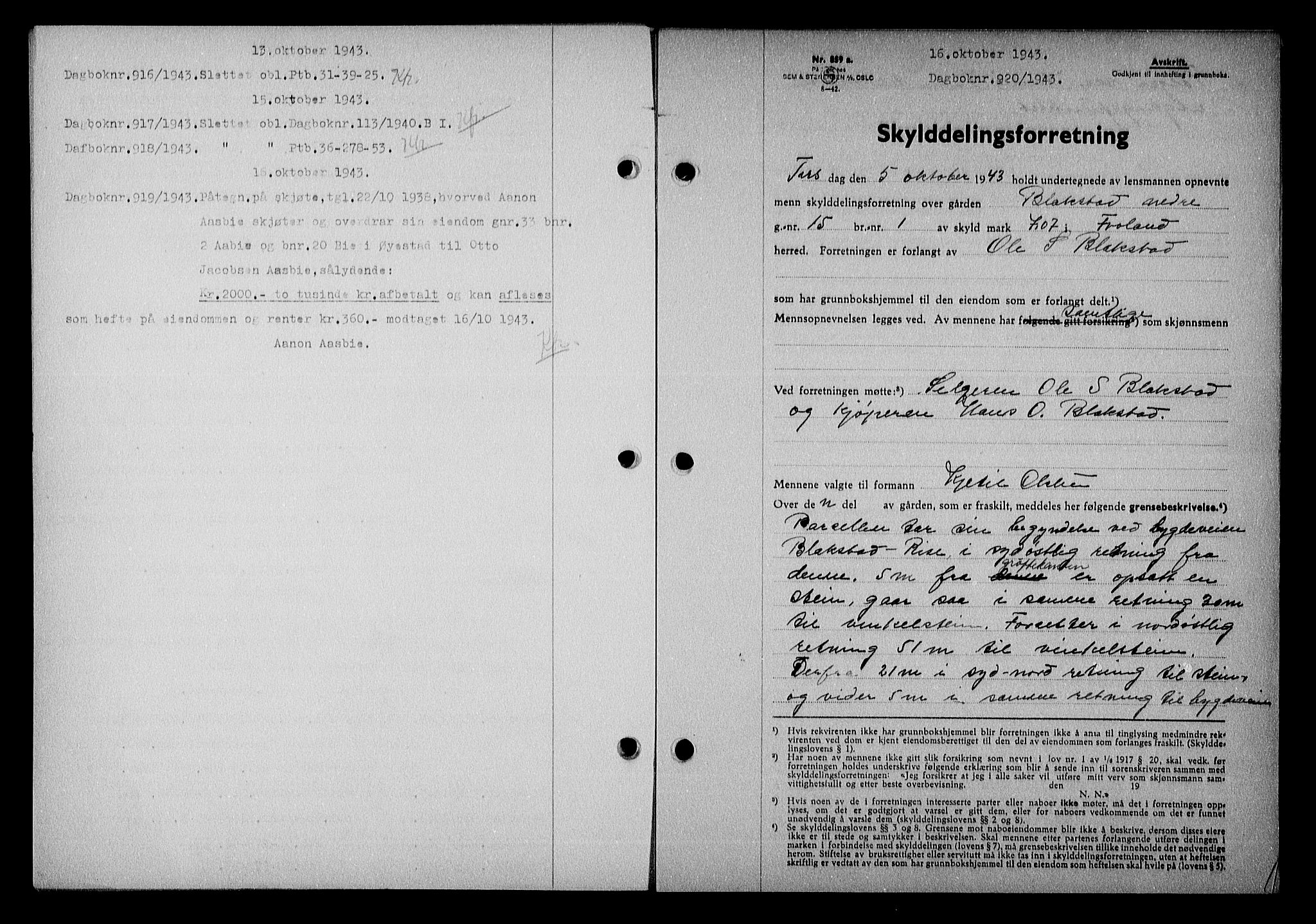 Nedenes sorenskriveri, SAK/1221-0006/G/Gb/Gba/L0051: Mortgage book no. A-V, 1943-1944, Diary no: : 920/1943