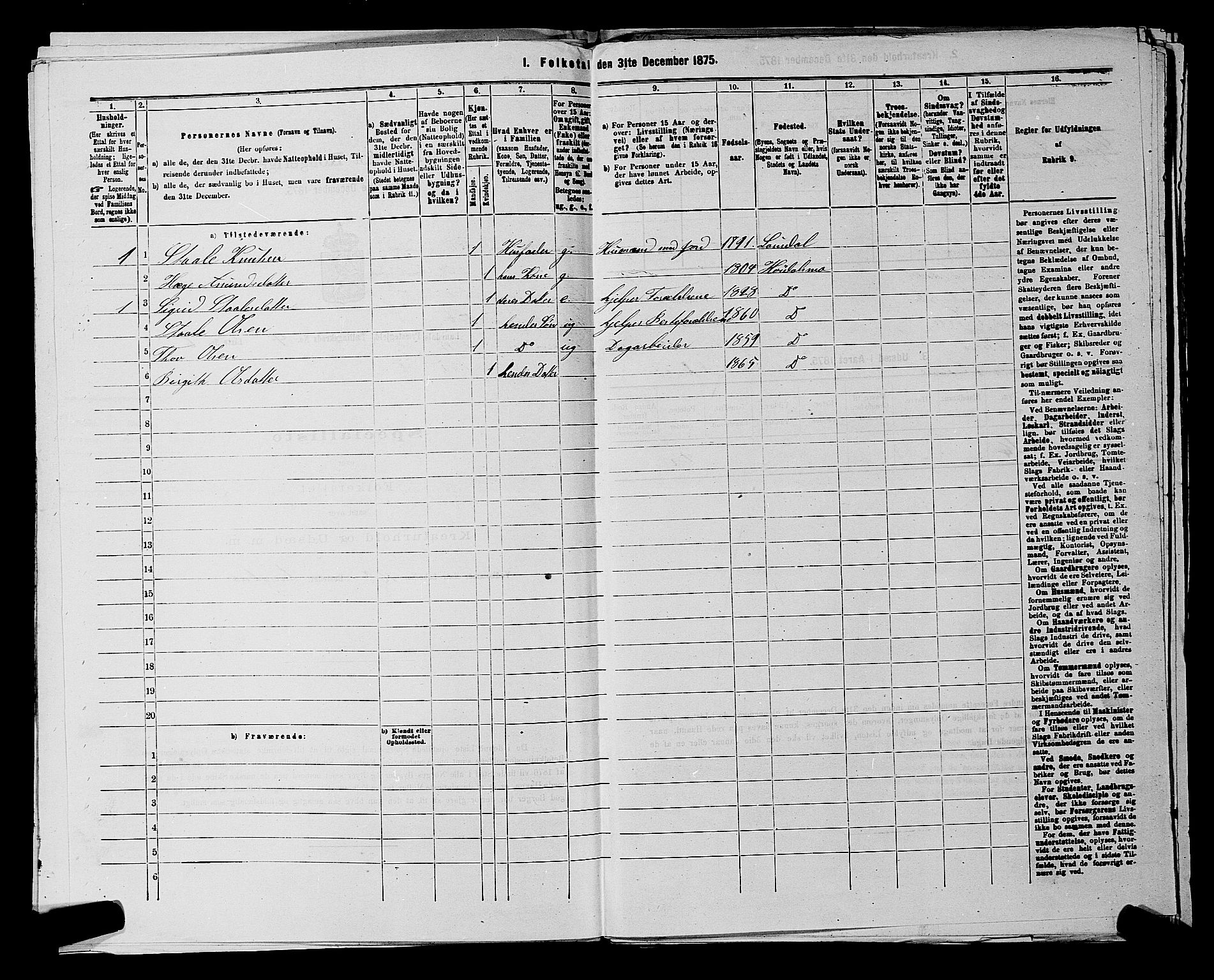 SAKO, 1875 census for 0833P Lårdal, 1875, p. 426