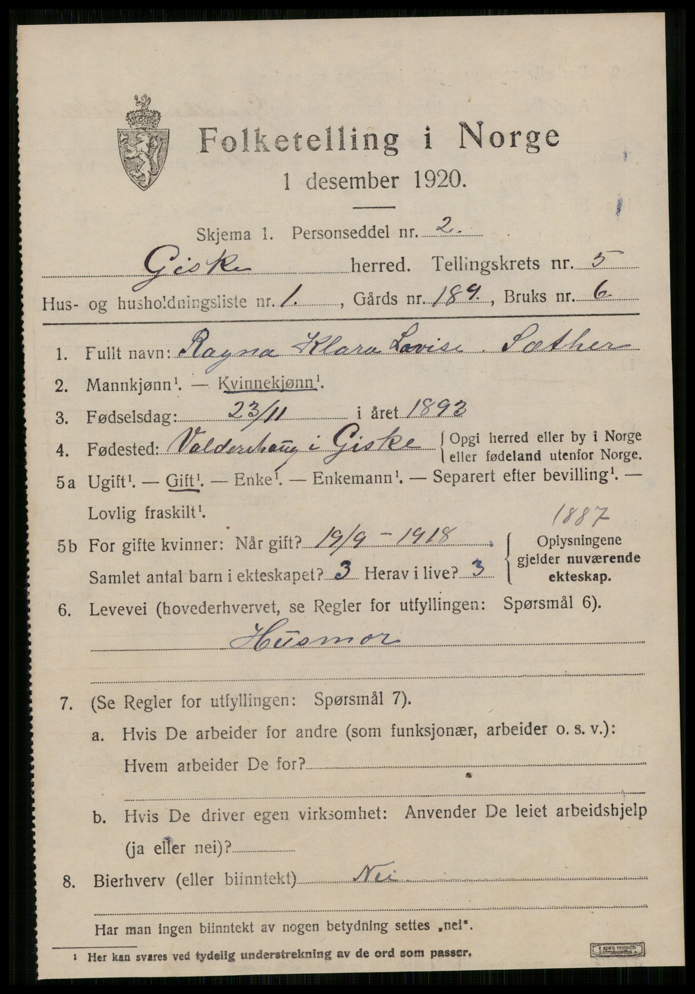 SAT, 1920 census for Giske, 1920, p. 3630