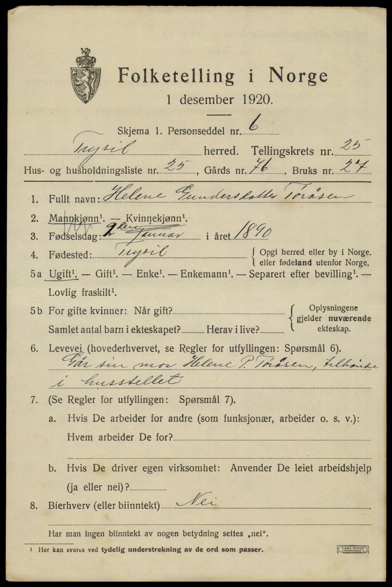 SAH, 1920 census for Trysil, 1920, p. 15987