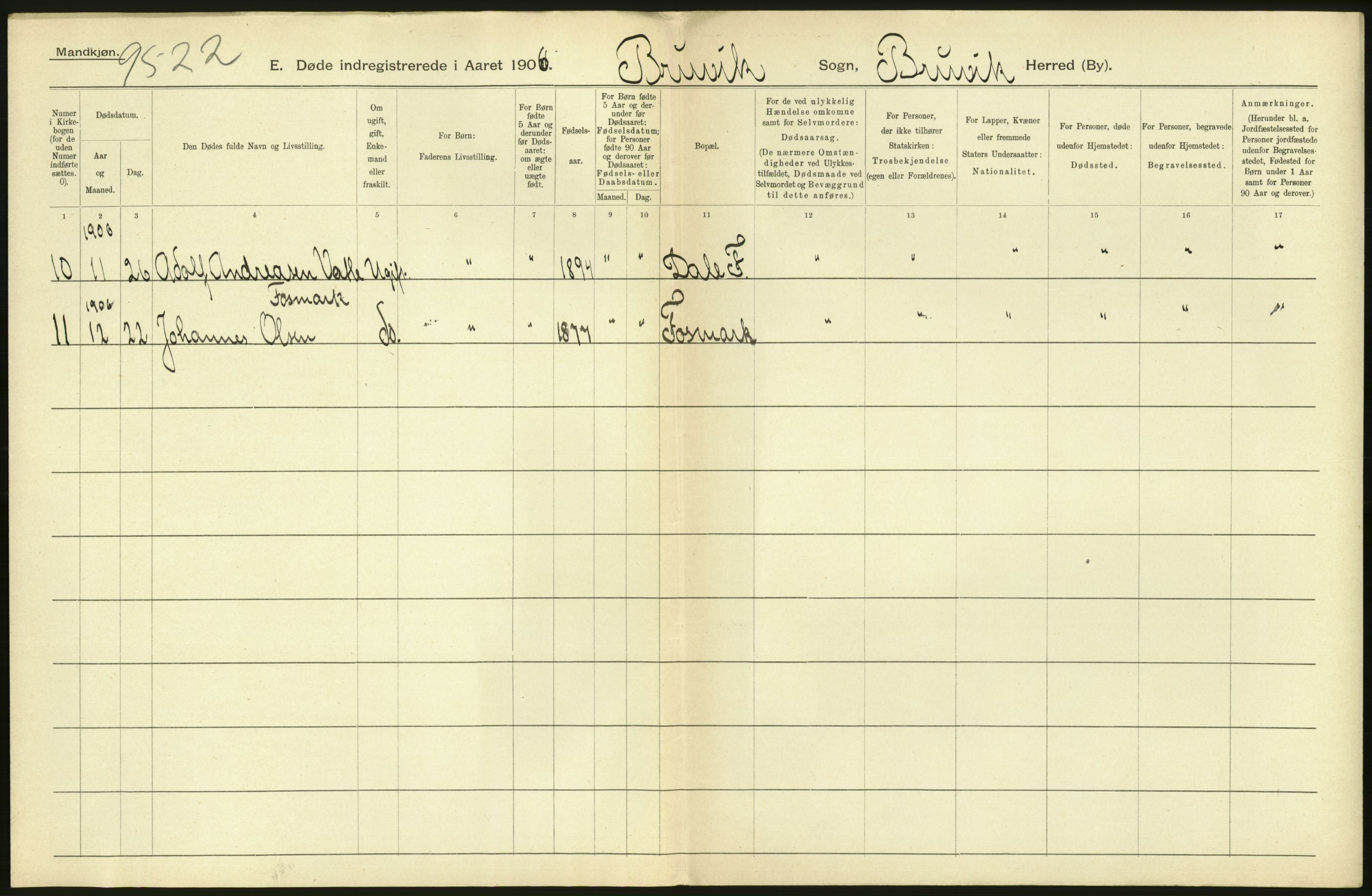 Statistisk sentralbyrå, Sosiodemografiske emner, Befolkning, AV/RA-S-2228/D/Df/Dfa/Dfad/L0030: S. Bergenhus amt: Døde. Bygder., 1906, p. 124