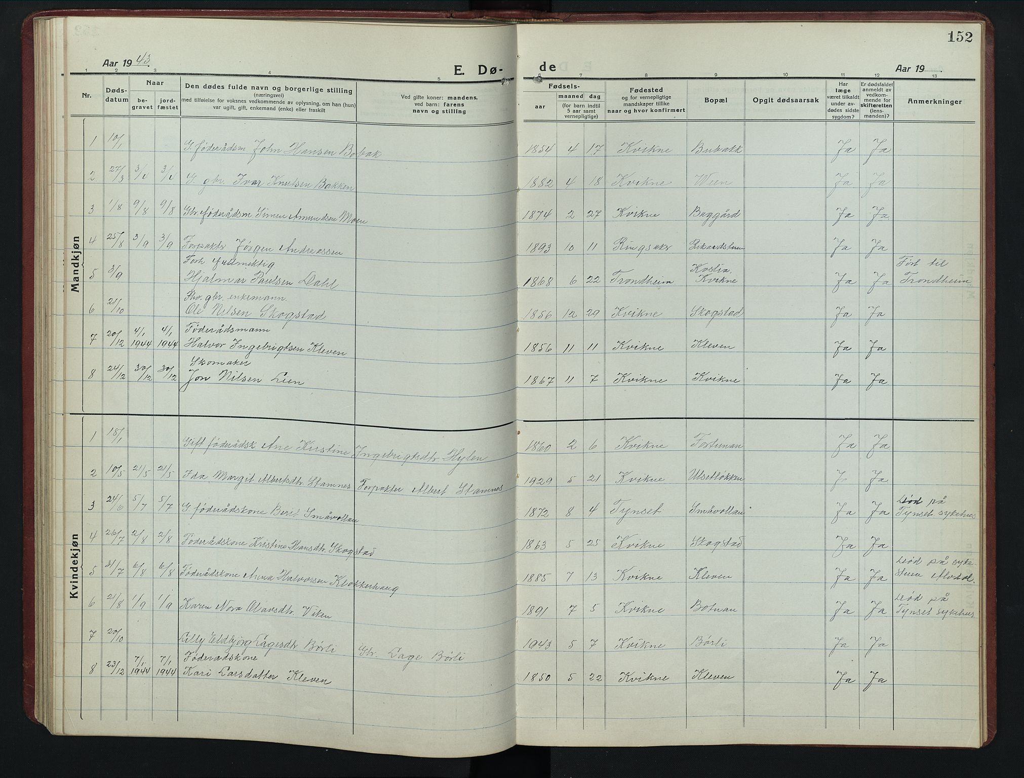 Kvikne prestekontor, AV/SAH-PREST-064/H/Ha/Hab/L0005: Parish register (copy) no. 5, 1919-1943, p. 152