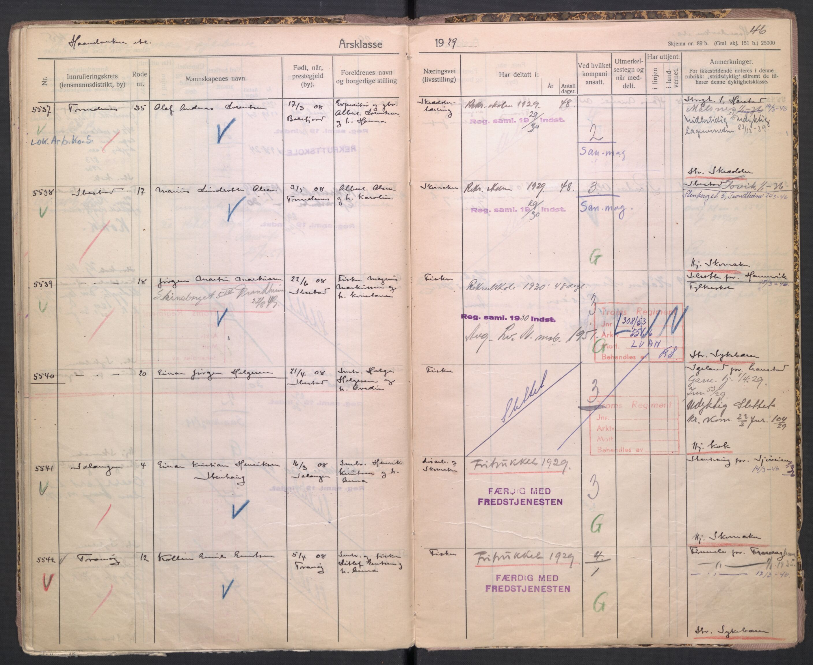 Forsvaret, Troms infanteriregiment nr. 16, AV/RA-RAFA-3146/P/Pa/L0004/0009: Ruller / Rulle for Trondenes bataljons menige mannskaper, årsklasse 1929, 1929, p. 46