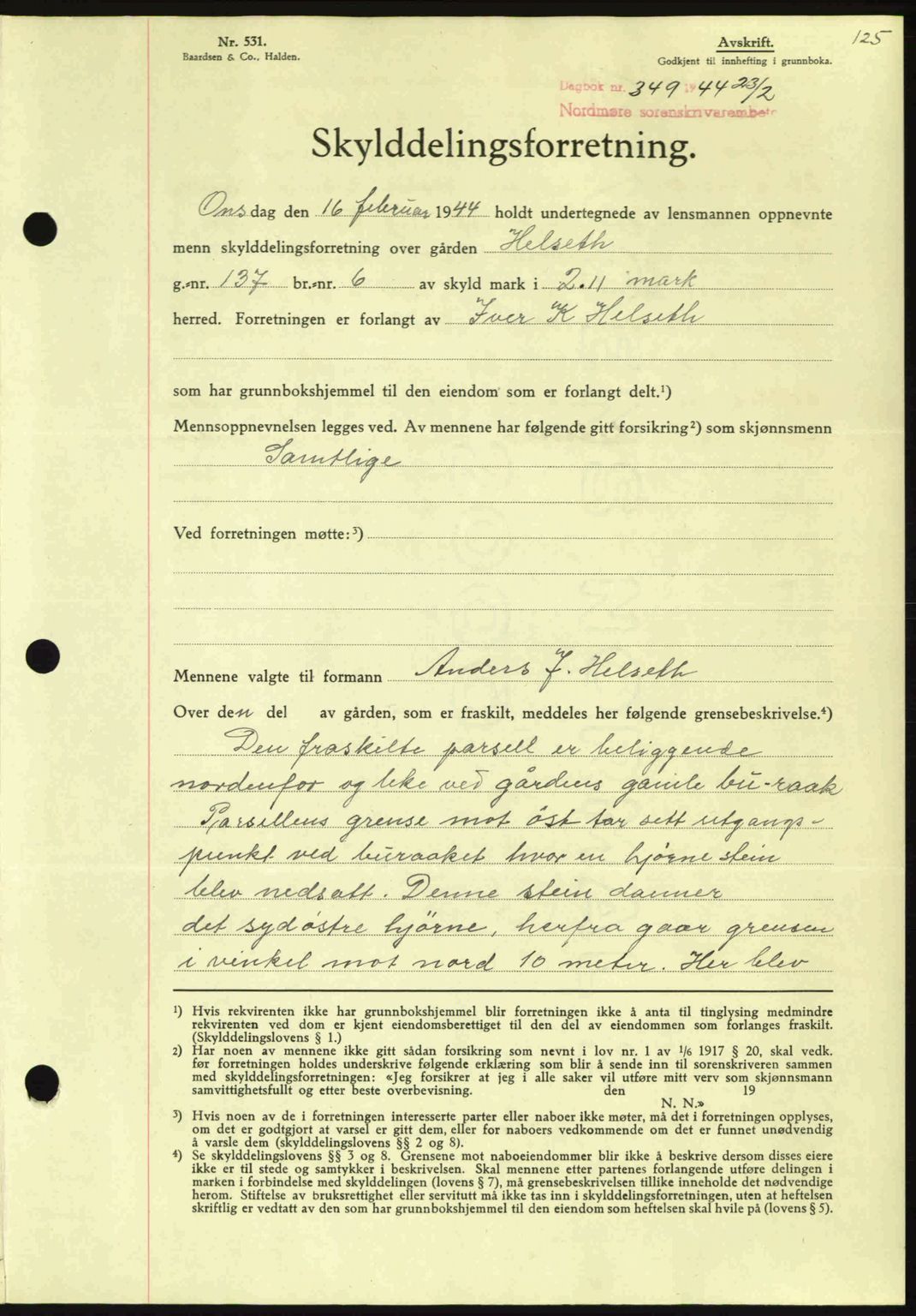 Nordmøre sorenskriveri, AV/SAT-A-4132/1/2/2Ca: Mortgage book no. A97, 1944-1944, Diary no: : 349/1944